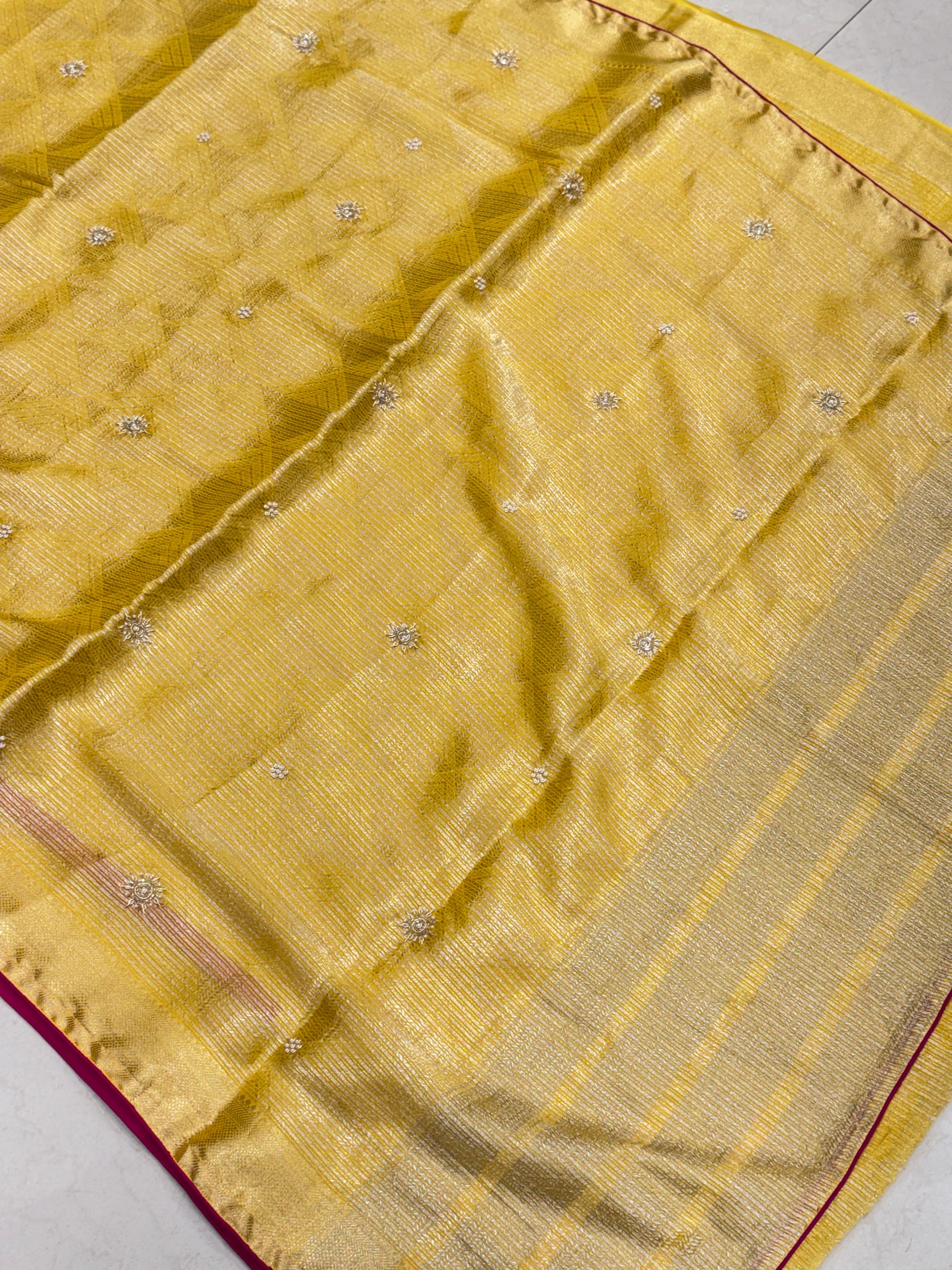 Yellow HO Silk Woven Sitara Buttis Saree With Contrast Rani Blouse