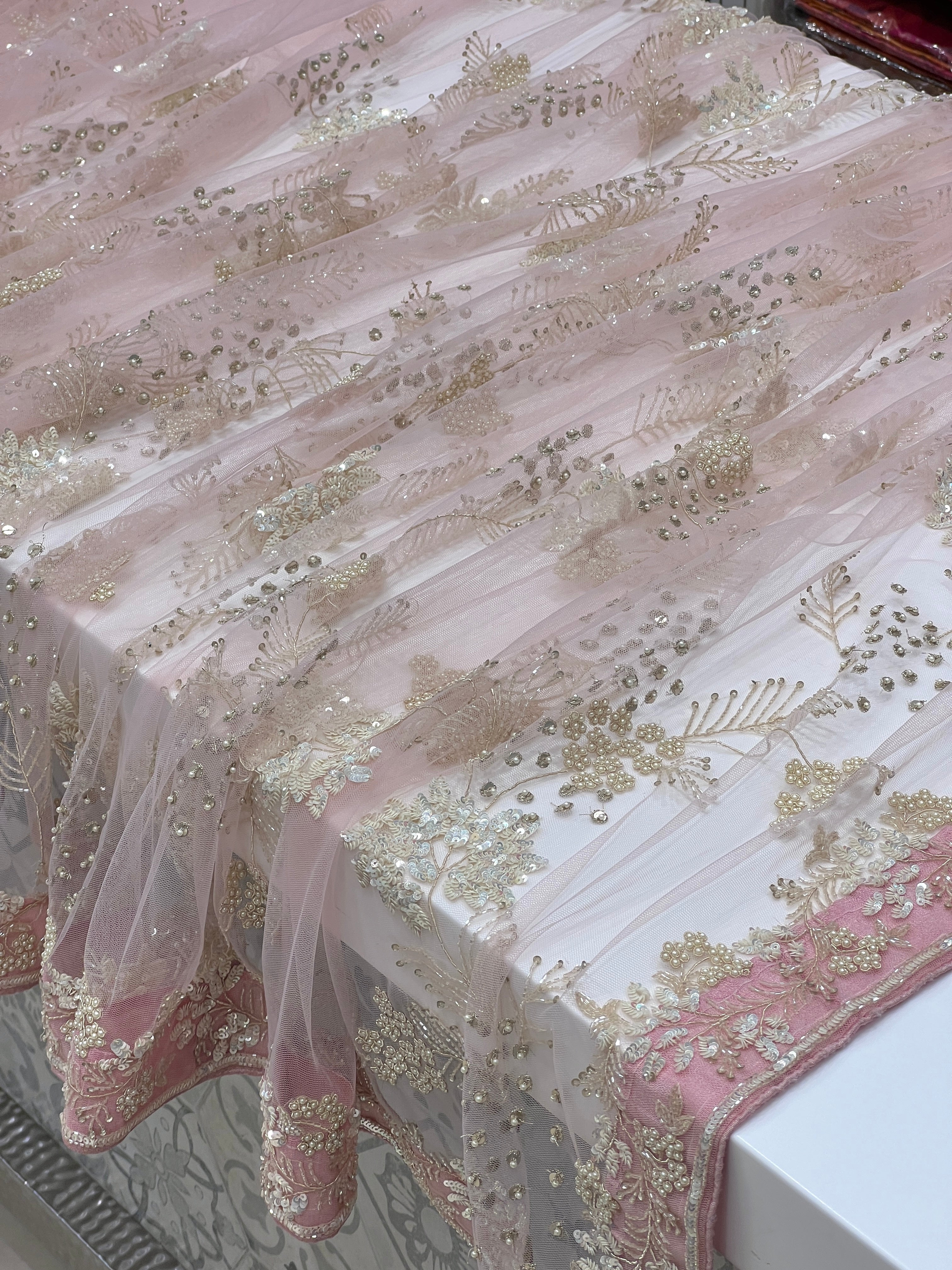 Pink Soft Net Floral Jaal Hand Embroidery Saree