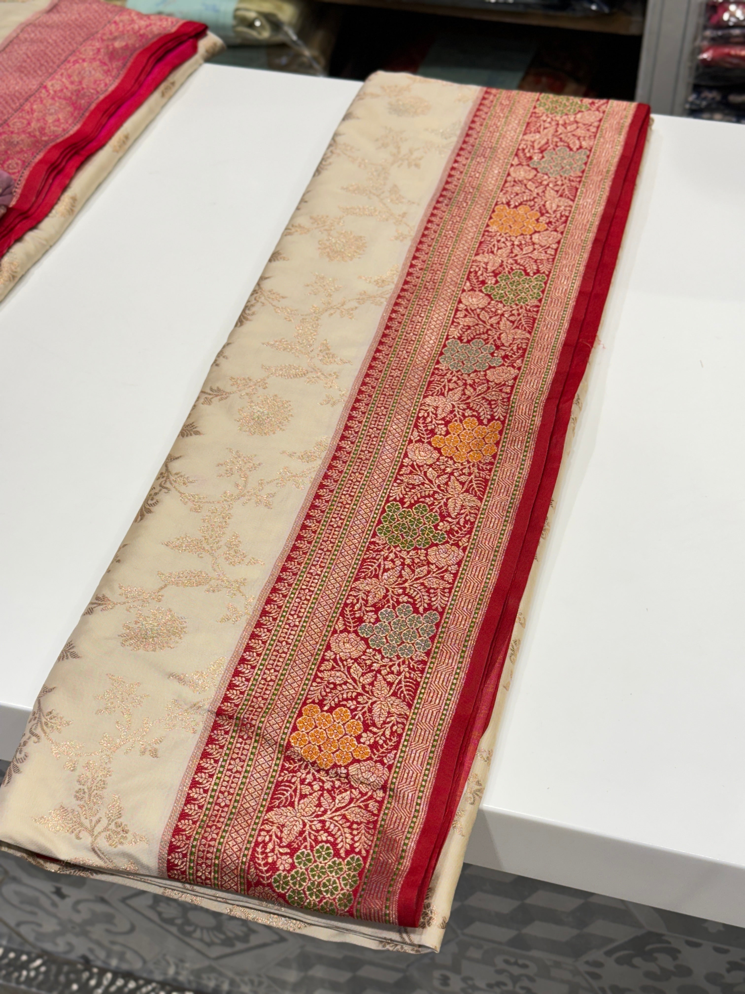 White Red Banarasi Jaal Saree