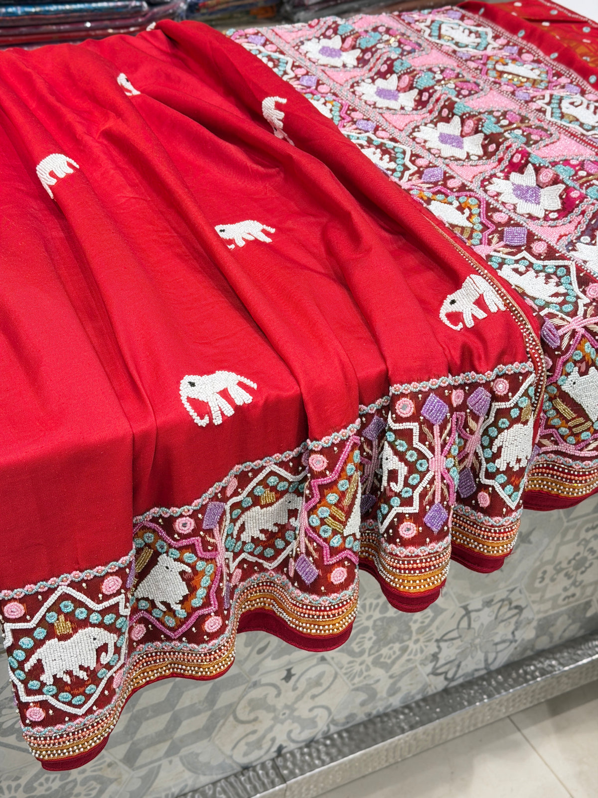 Red Pure Silk Patan Patola Hand Embroidery Kidiya Moti Saree