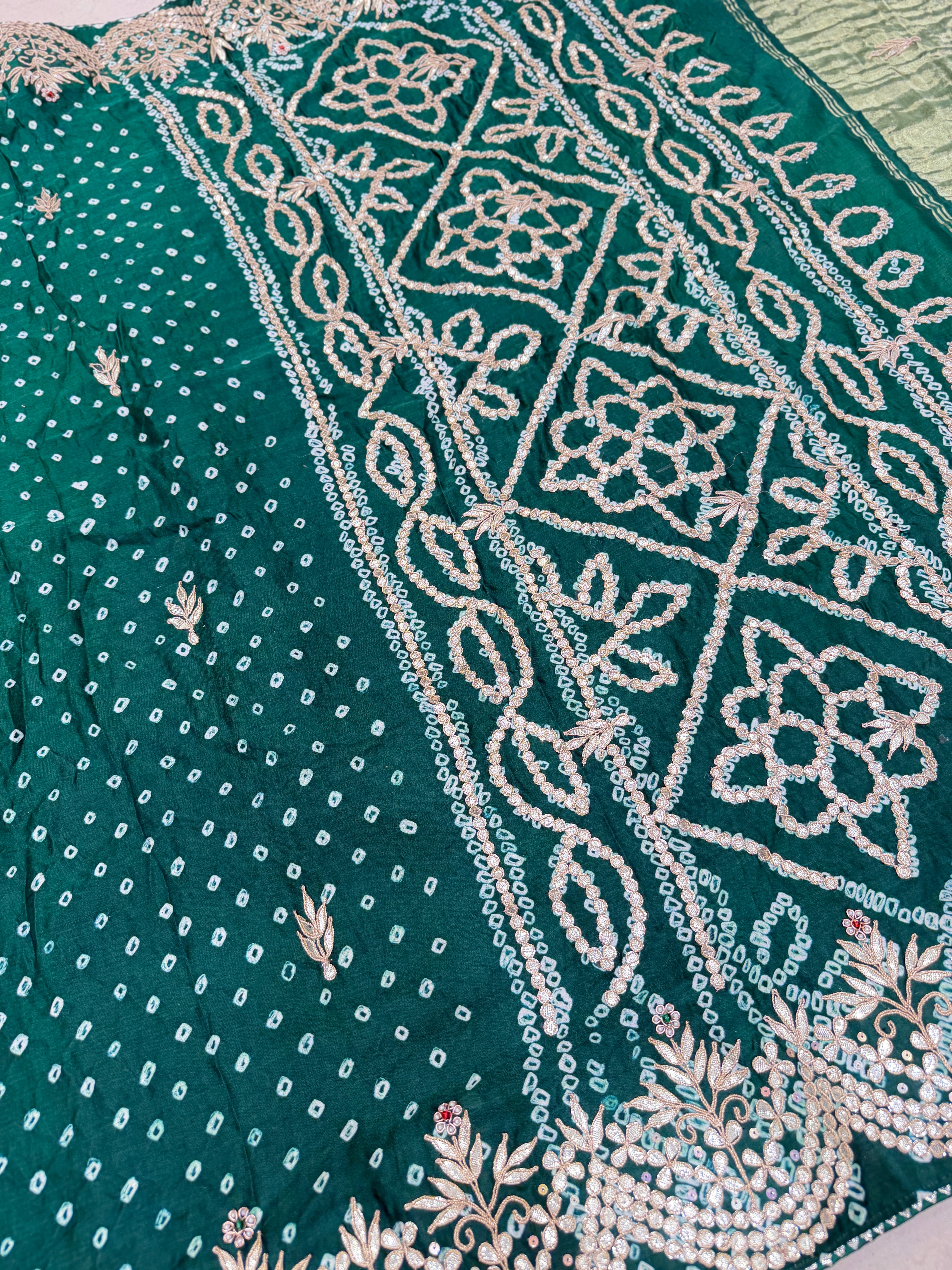 Bottle Green Gajji Silk Bandhej Gotapatti Hand Embroidery Saree