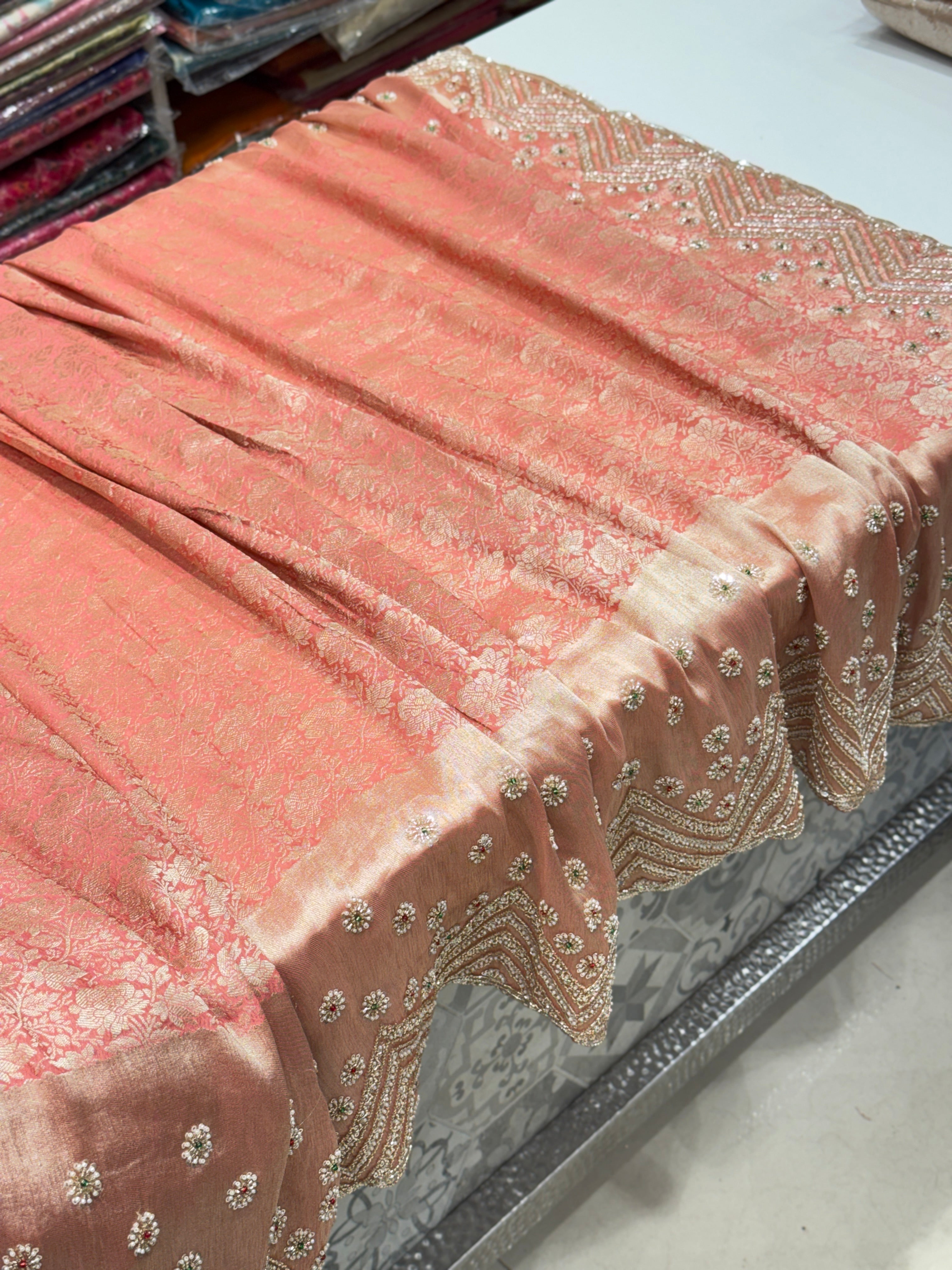 Pink Floral Weave Soft Silk Moti Crystal Embroidery Saree