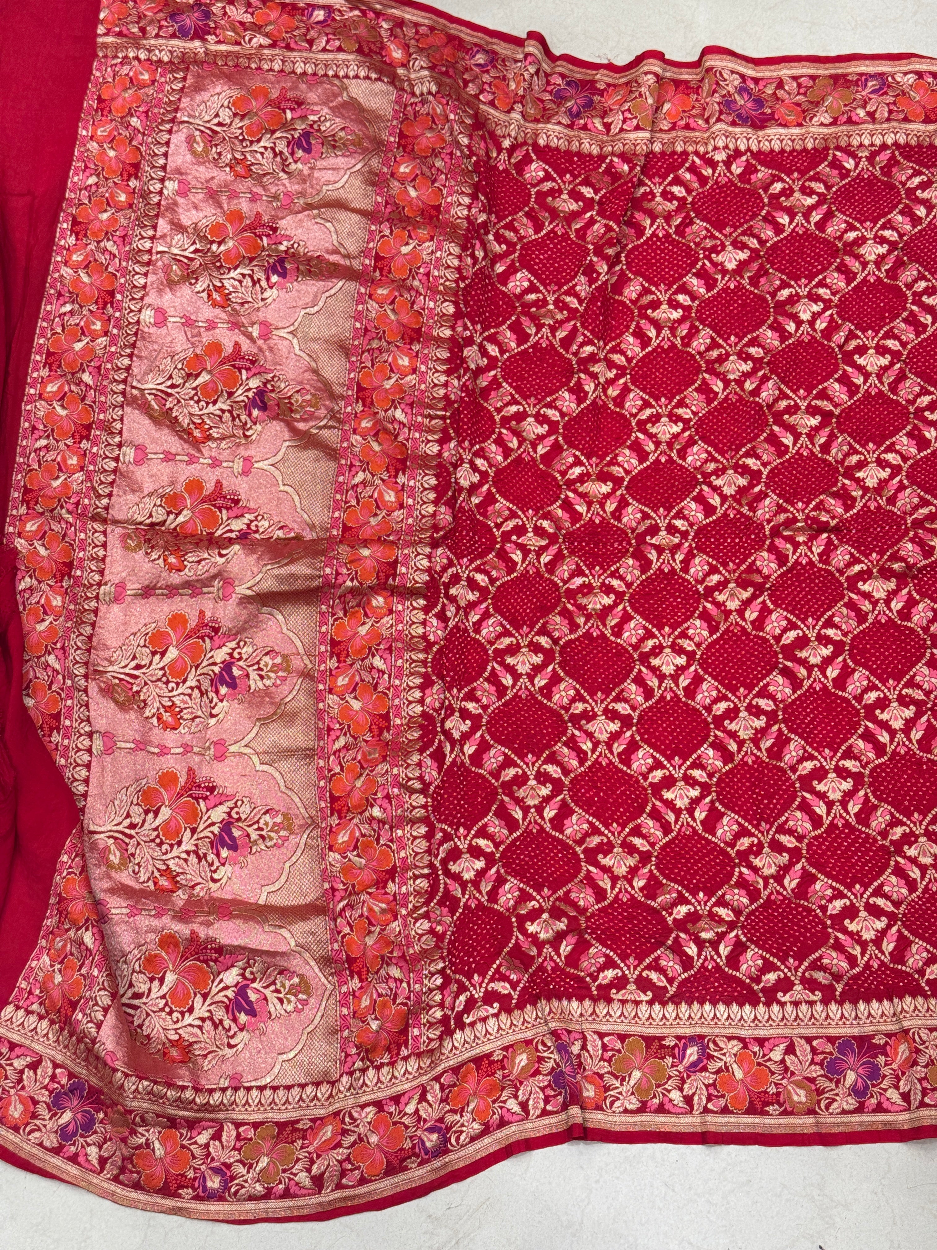 Red Meenakari Badam Jaal Rai Bandhej Georgette Dupatta
