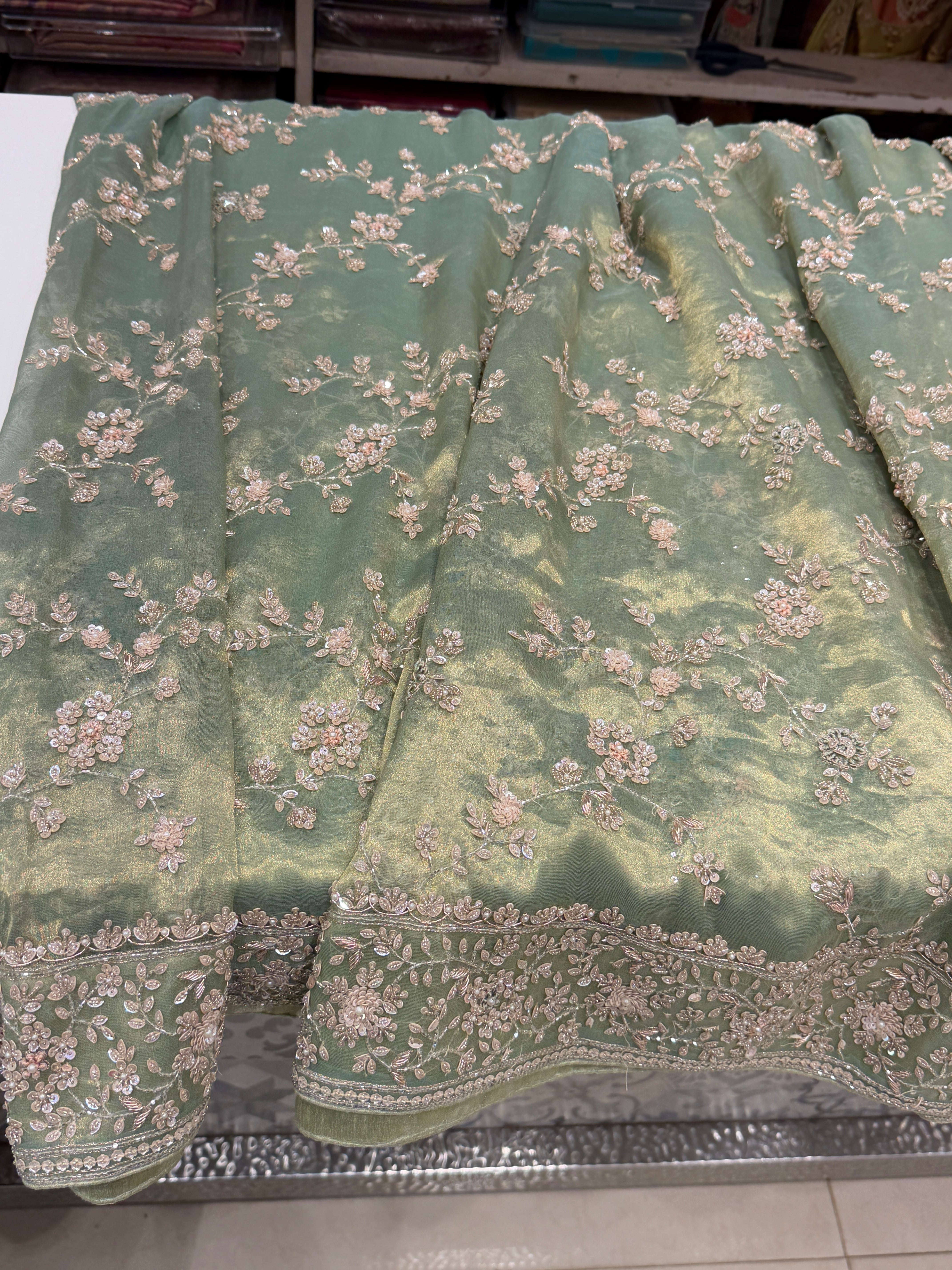 Green Tissue Silk Moti Sequin Zardosi Hand Embroidery Jaal Saree
