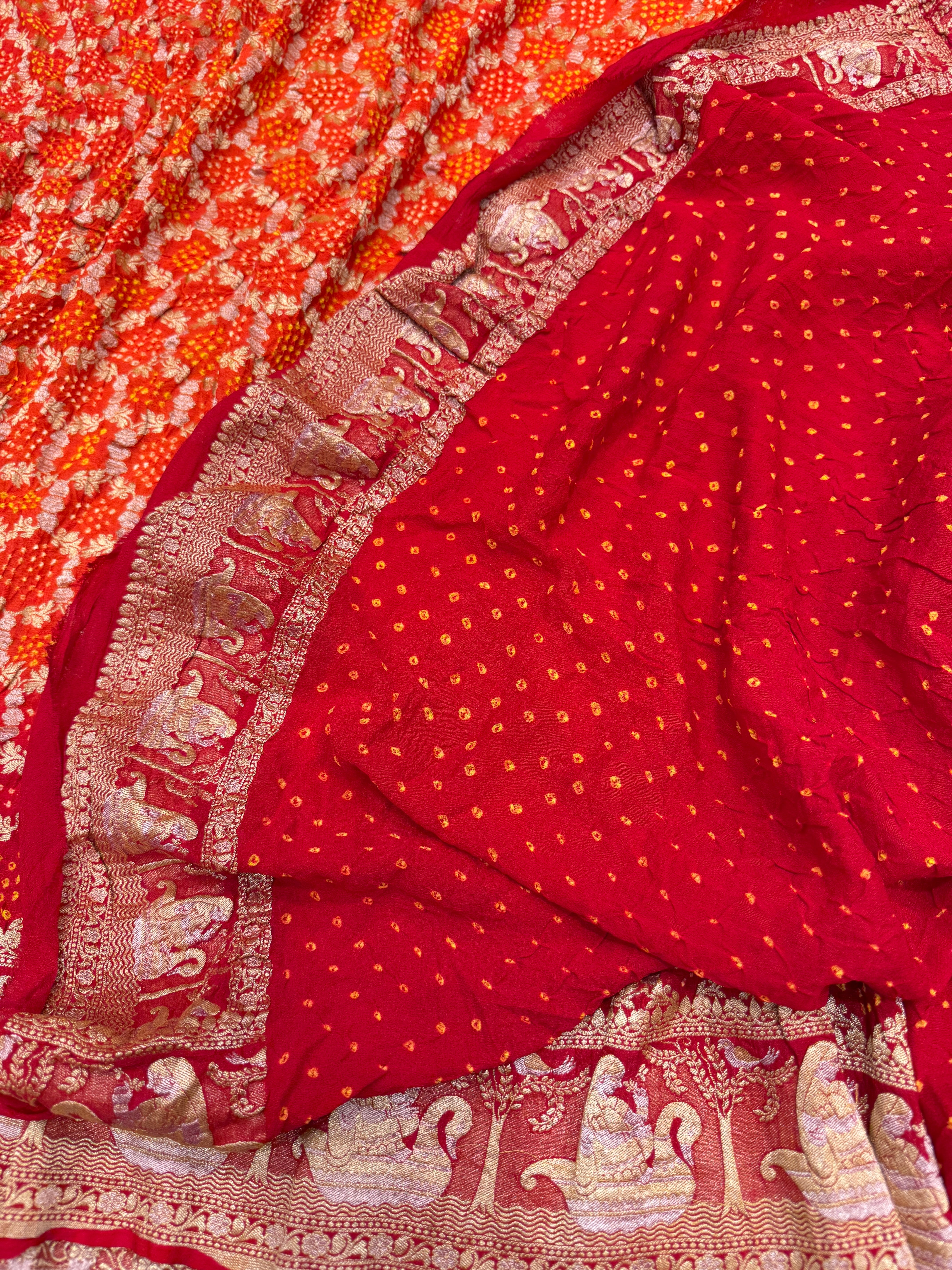 Orange Red Shaded Doli Border Sona Roopa Rai Bandhej Georgette Bandhini Saree