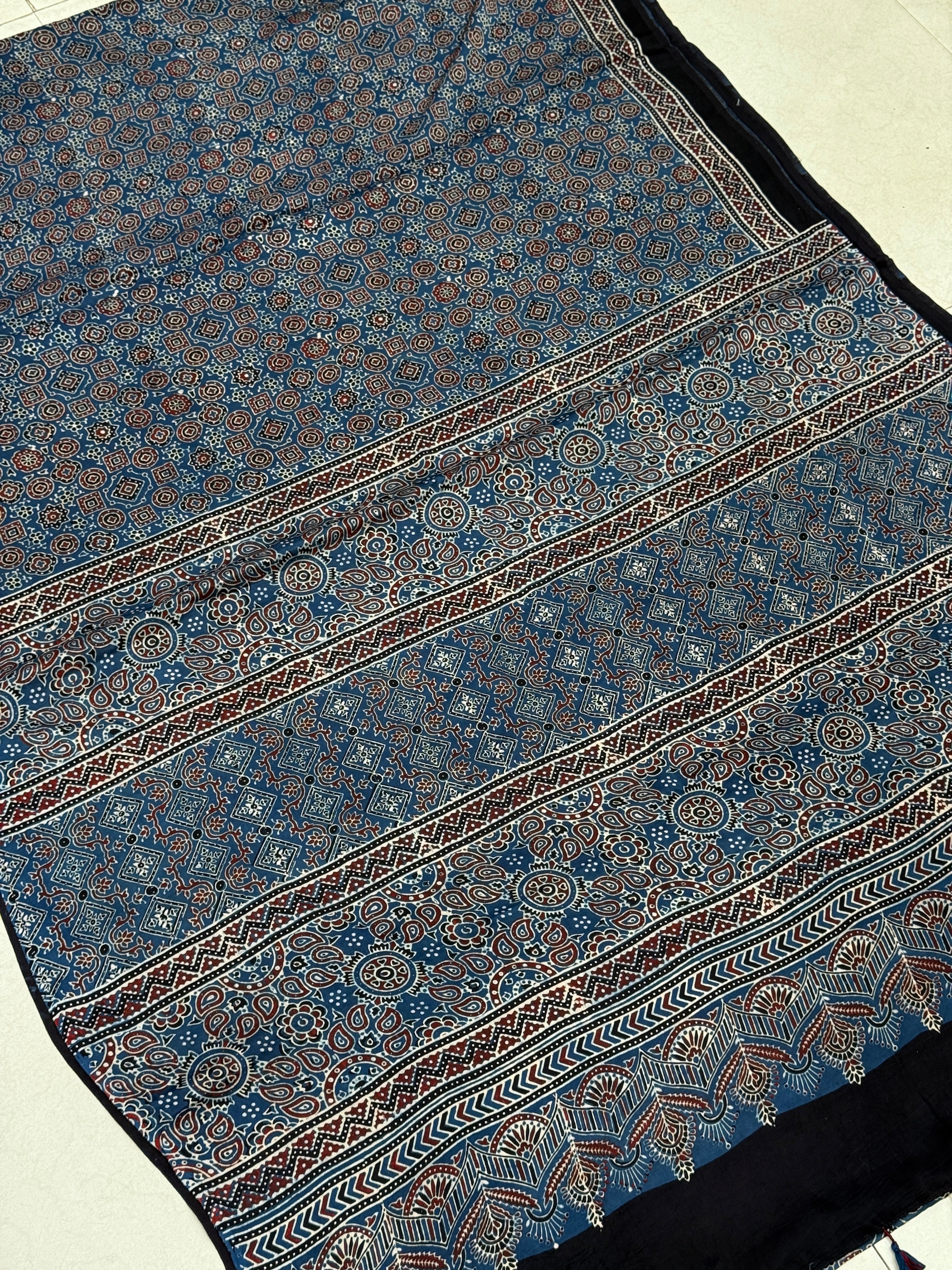Blue Brown Ajrakh Hand Block Print Pure Gajji Silk Saree