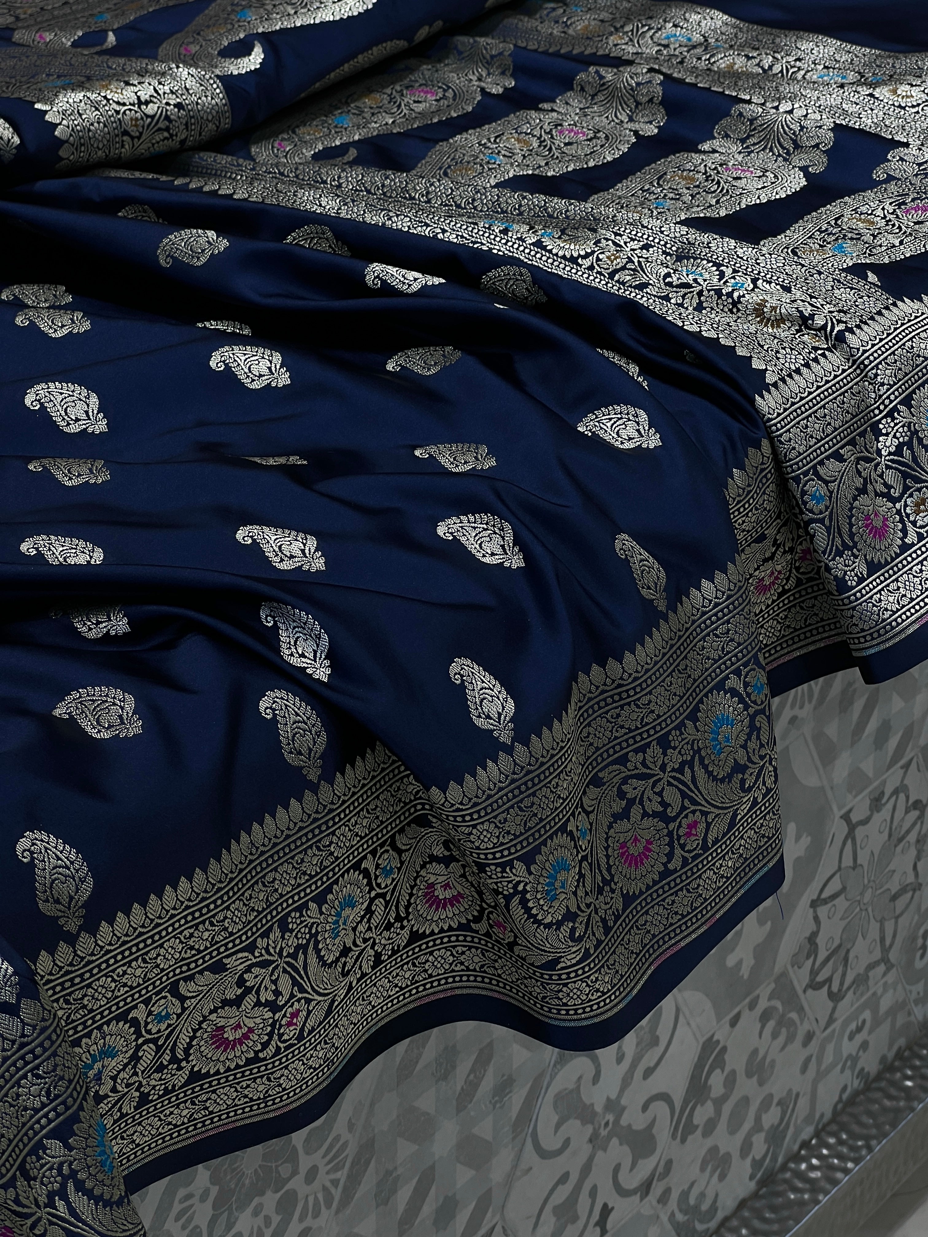 Blue Banarasi Silk Butti Meena Border Saree