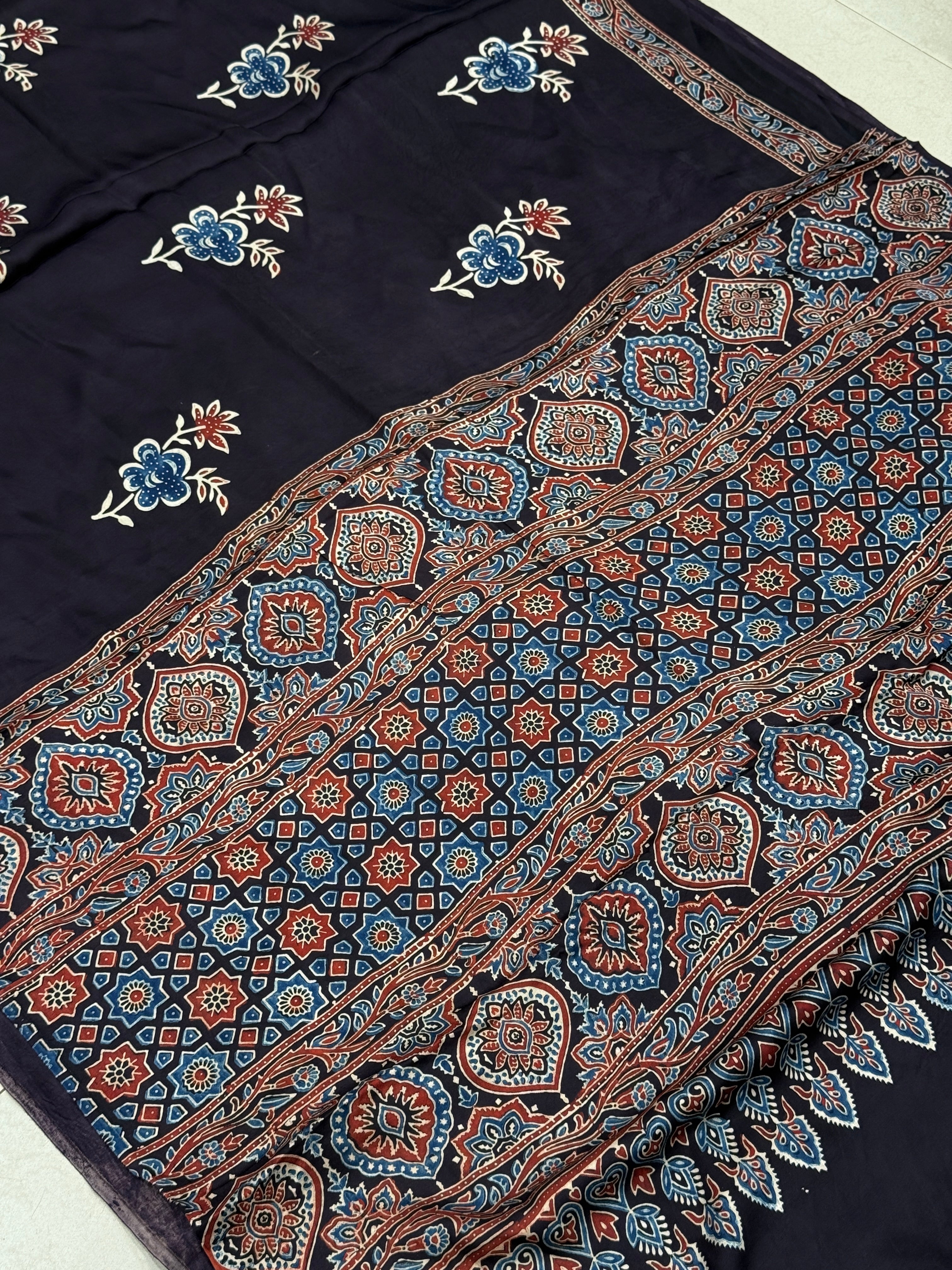 Black Big Buttas Ajrakh Modal Gajji Silk Saree