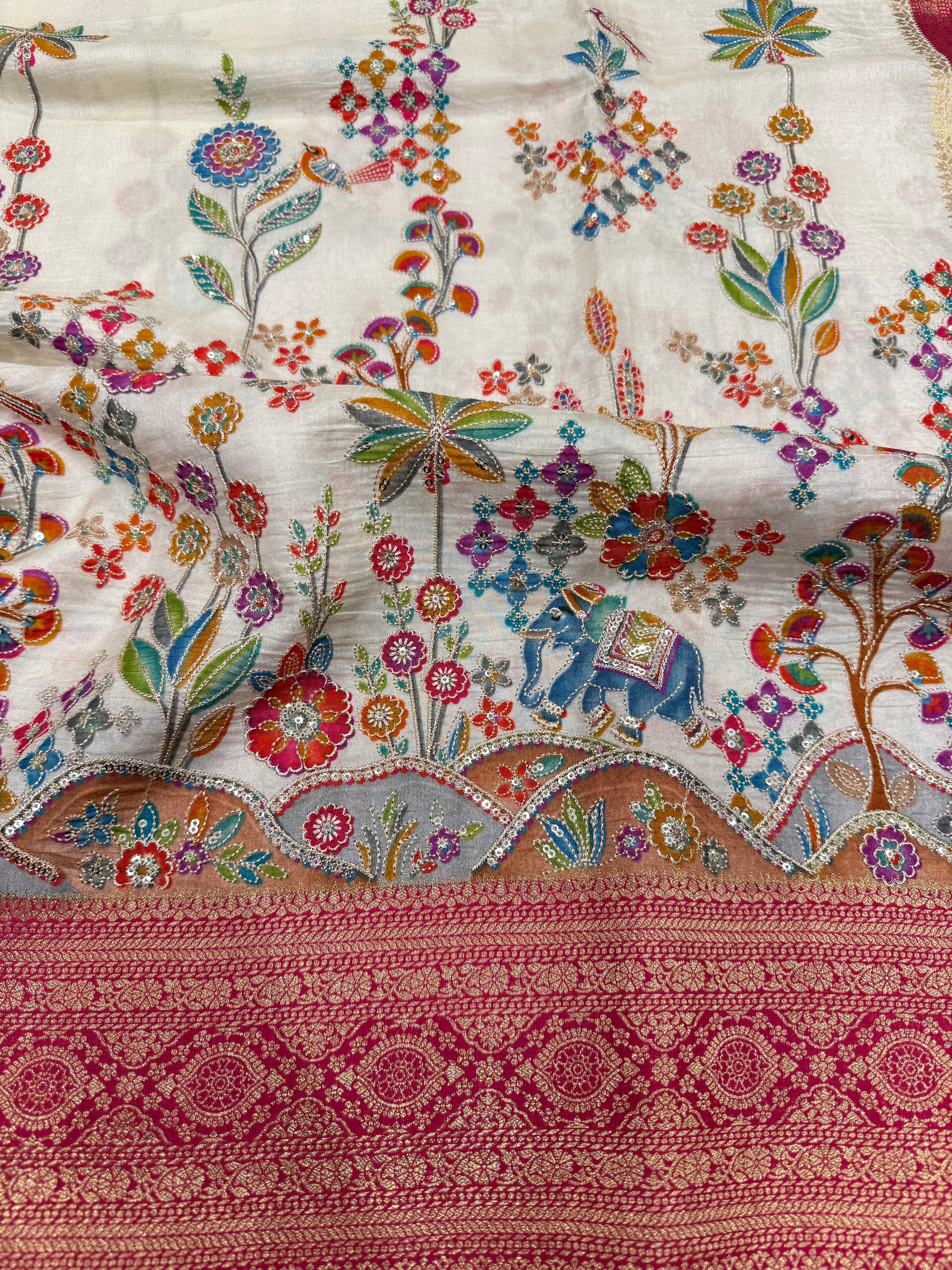 Beige Banarasi Munga With Pita Embroidery