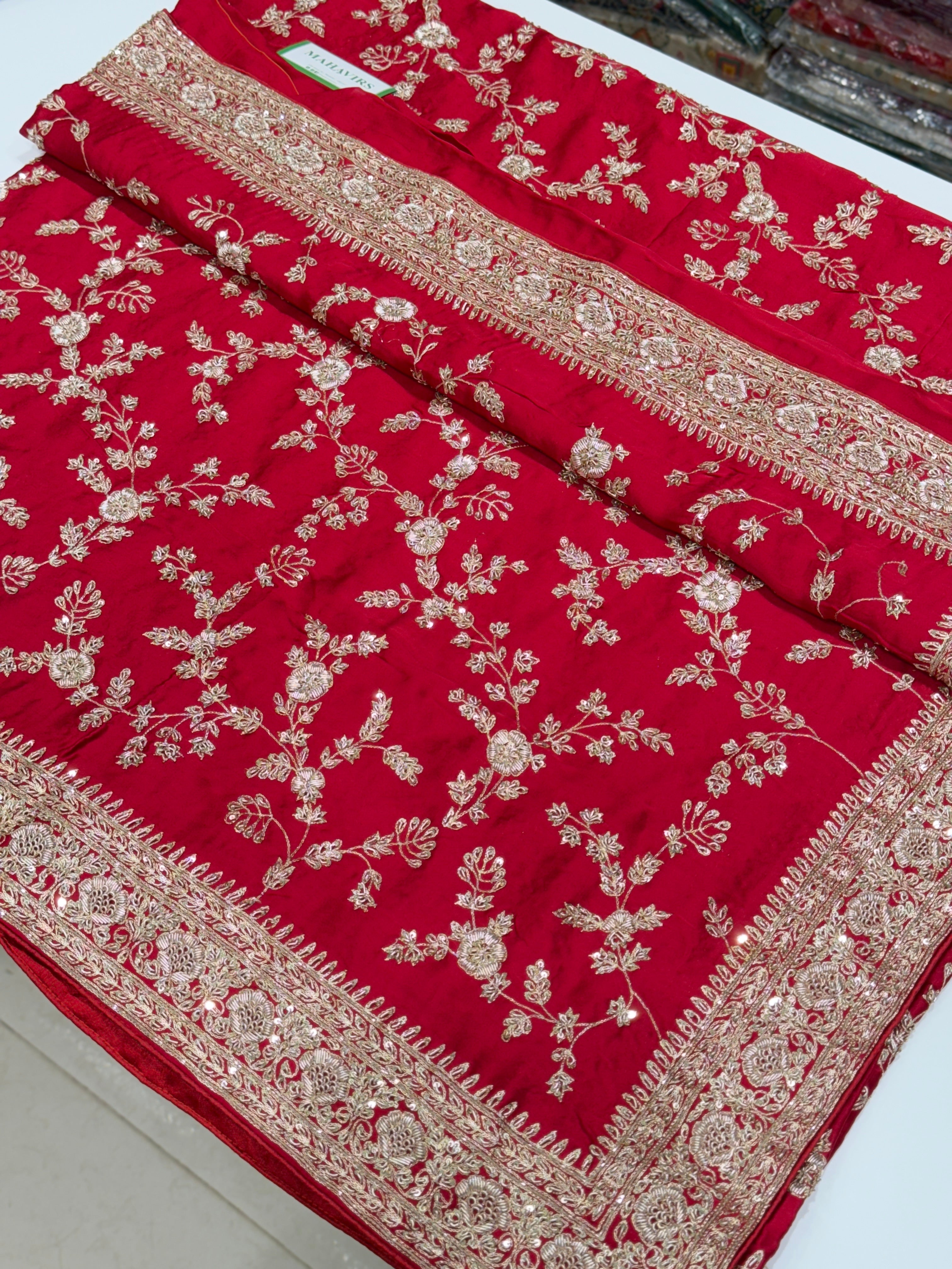 Red Hand Embroidery Mughal Jaal Pure Satin Zardosi Embroidery