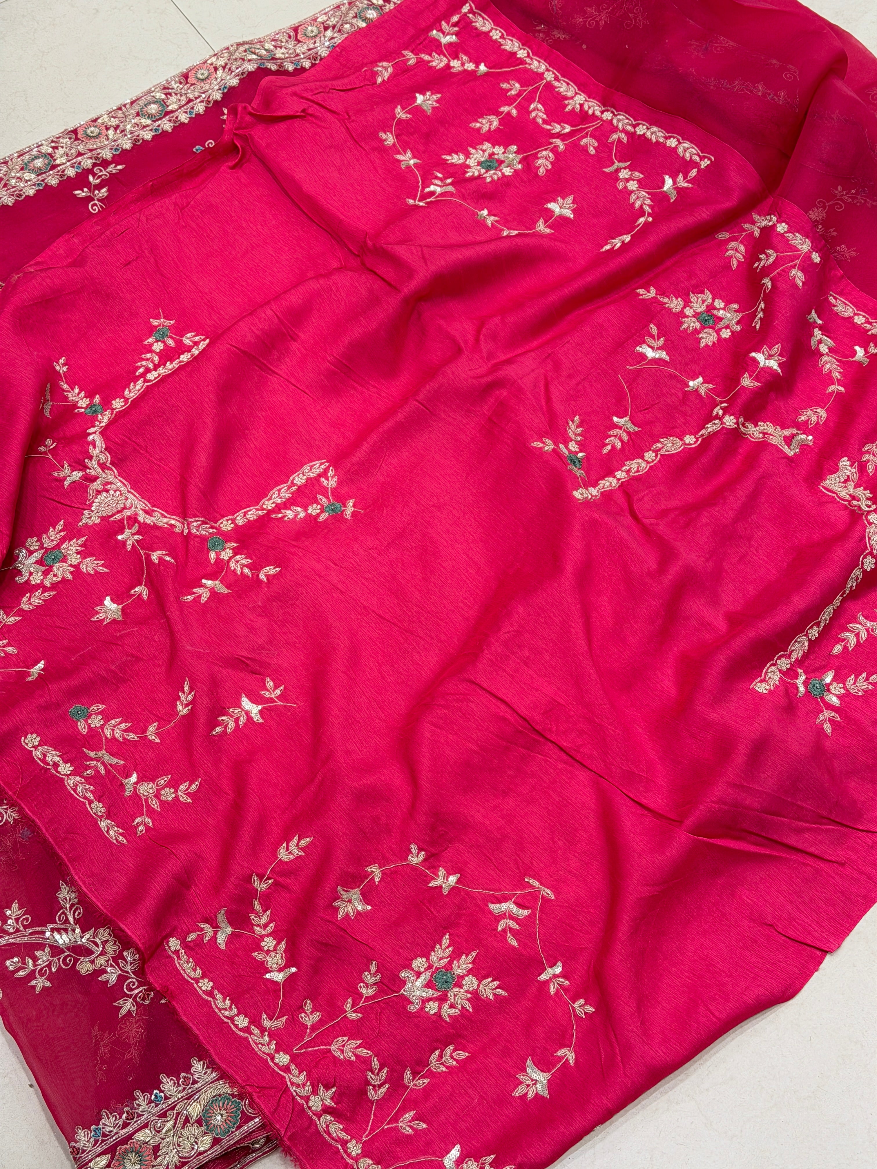 Rani Pink Organza Resham Zardosi Hand Embroidery Saree