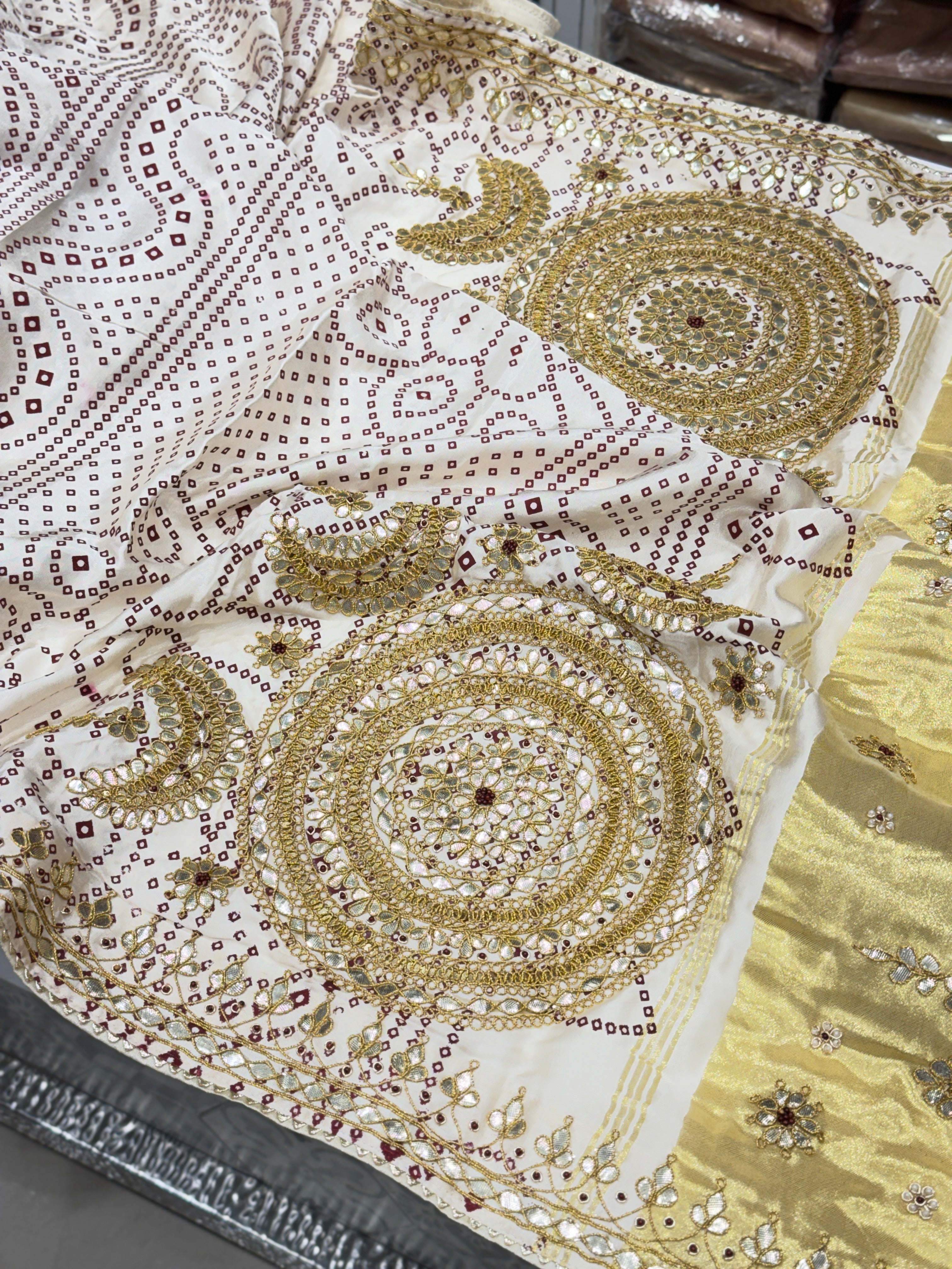 Moti White Gajji Silk Bandhej Print Hand Embroidery Gotapatti Work Saree