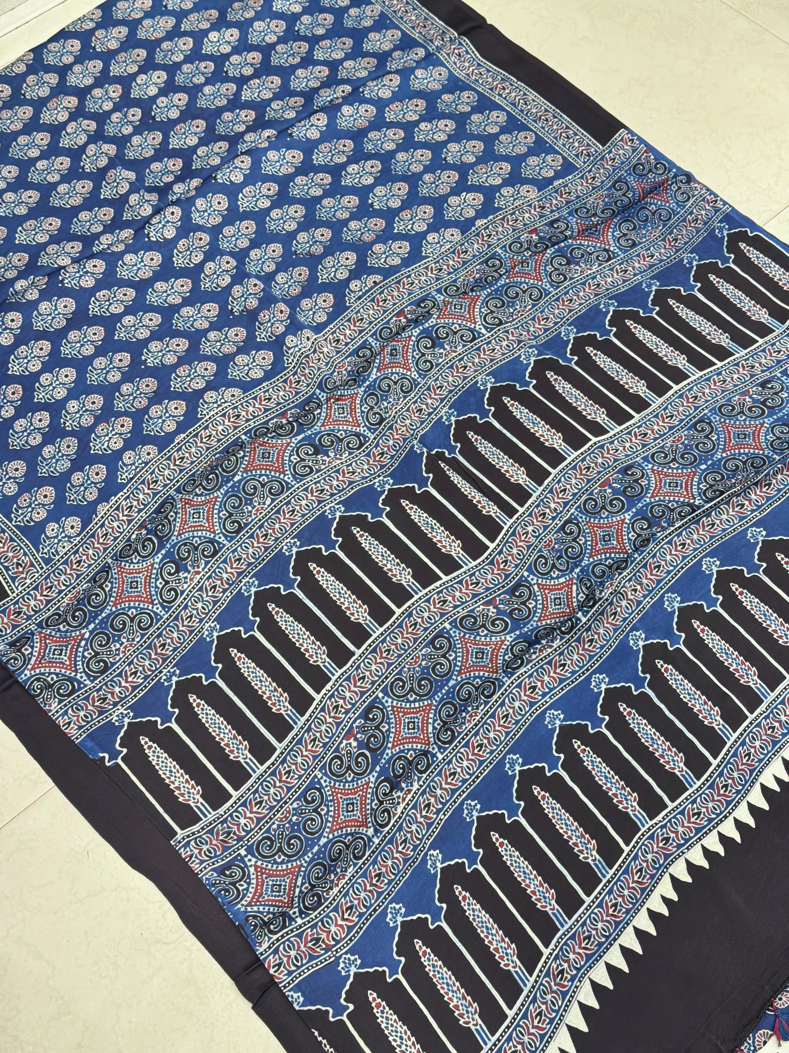 Blue Floral Buttas Hand Block Print Ajrkah Pure Gajji Silk Saree