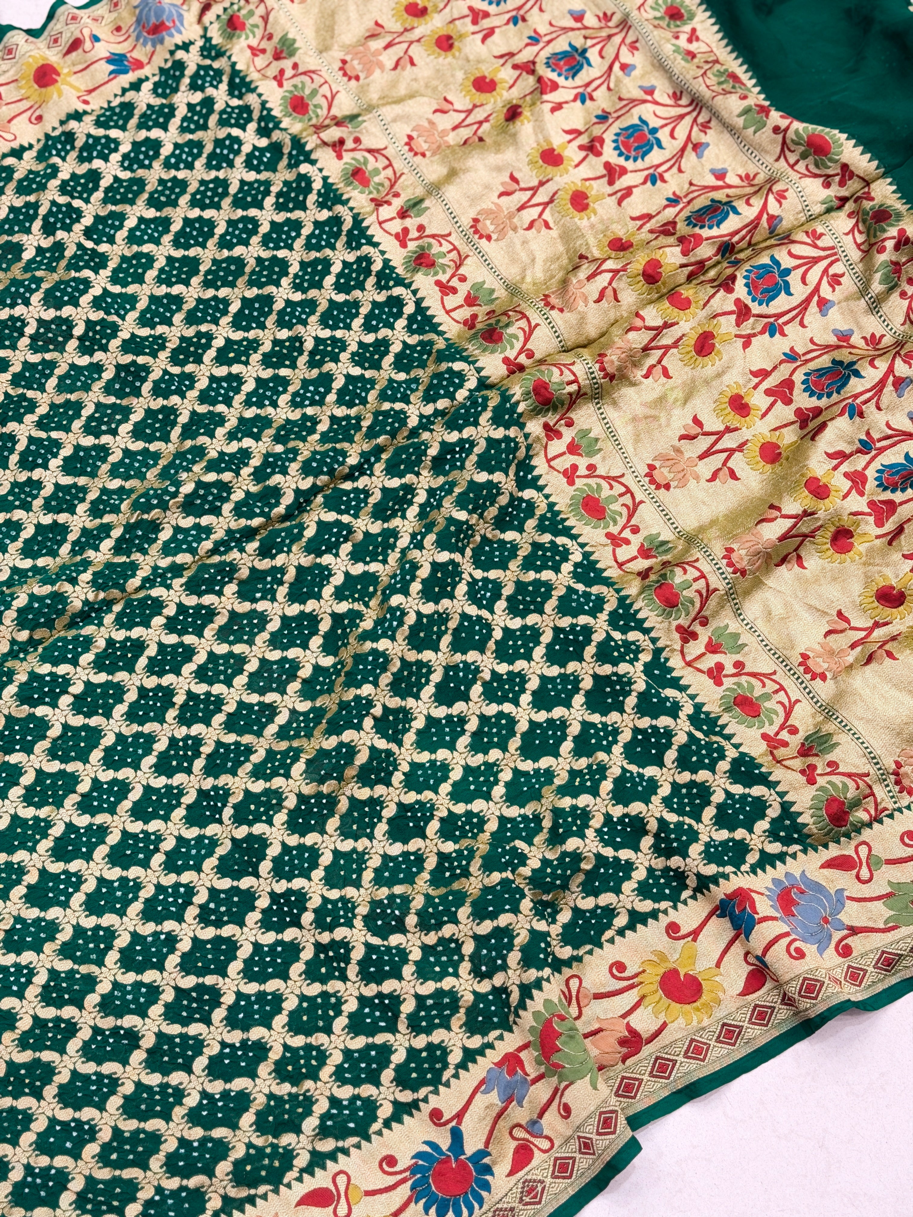 Bottle Green Meenakari Paithani Weaved Pure Handloom Georgette Bandhej Saree