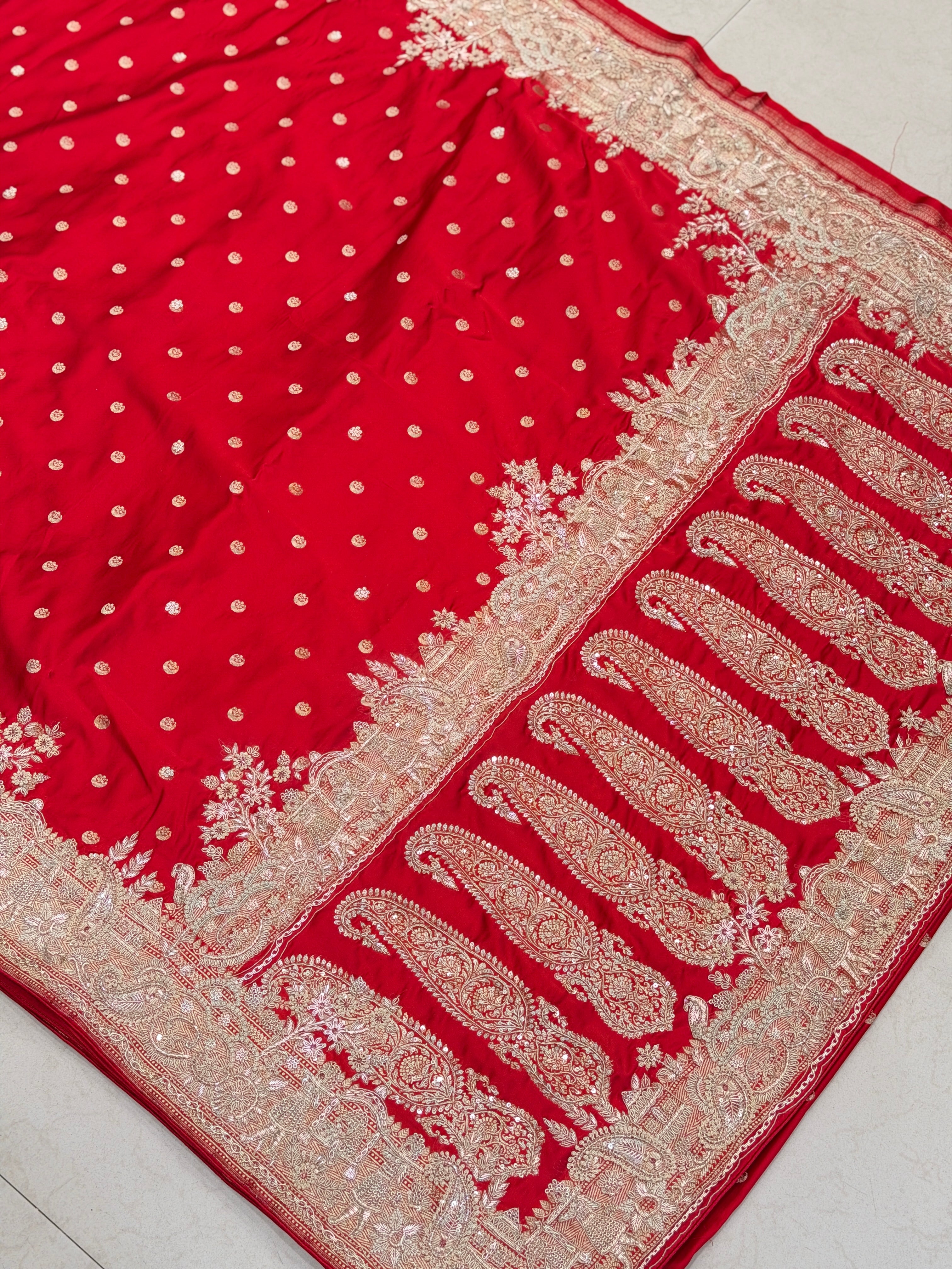 Red Banarasi Chand Butti Zardosi Doli Edit Hand Embroidery Saree