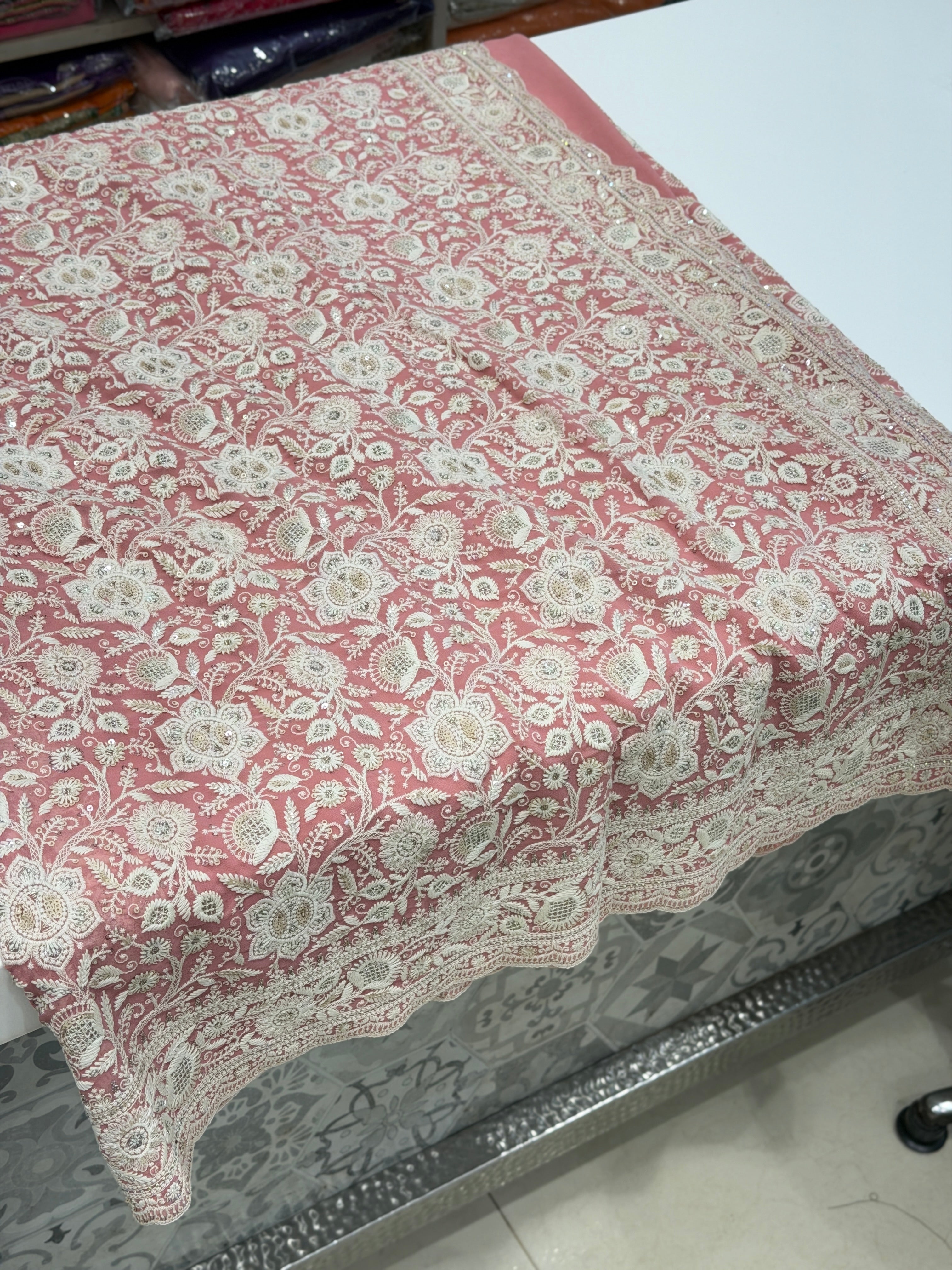 Pink Chikankari Georgette Small Scallop Design Saree