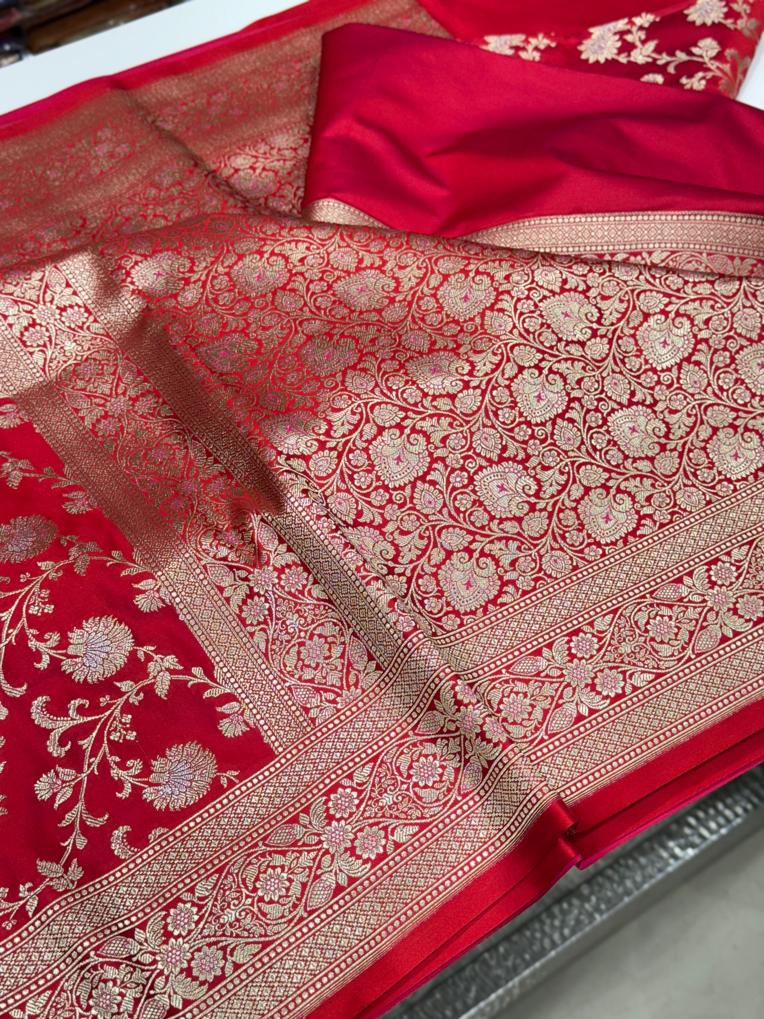 Red Banarasi Silk Small Jaal Saree