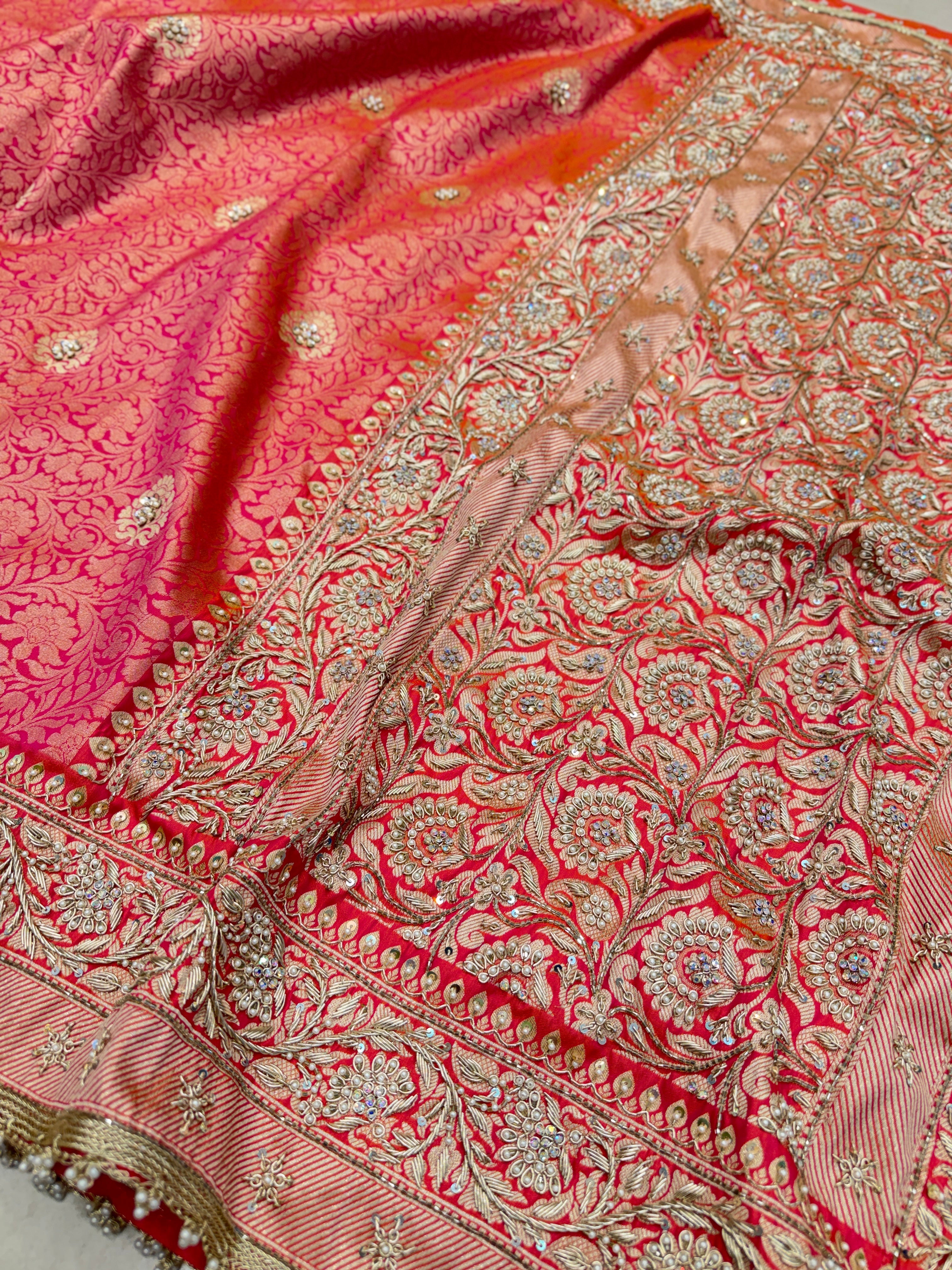 Cross Rust Banarasi Brocade Hand Embroidery Naka Tikki Saree
