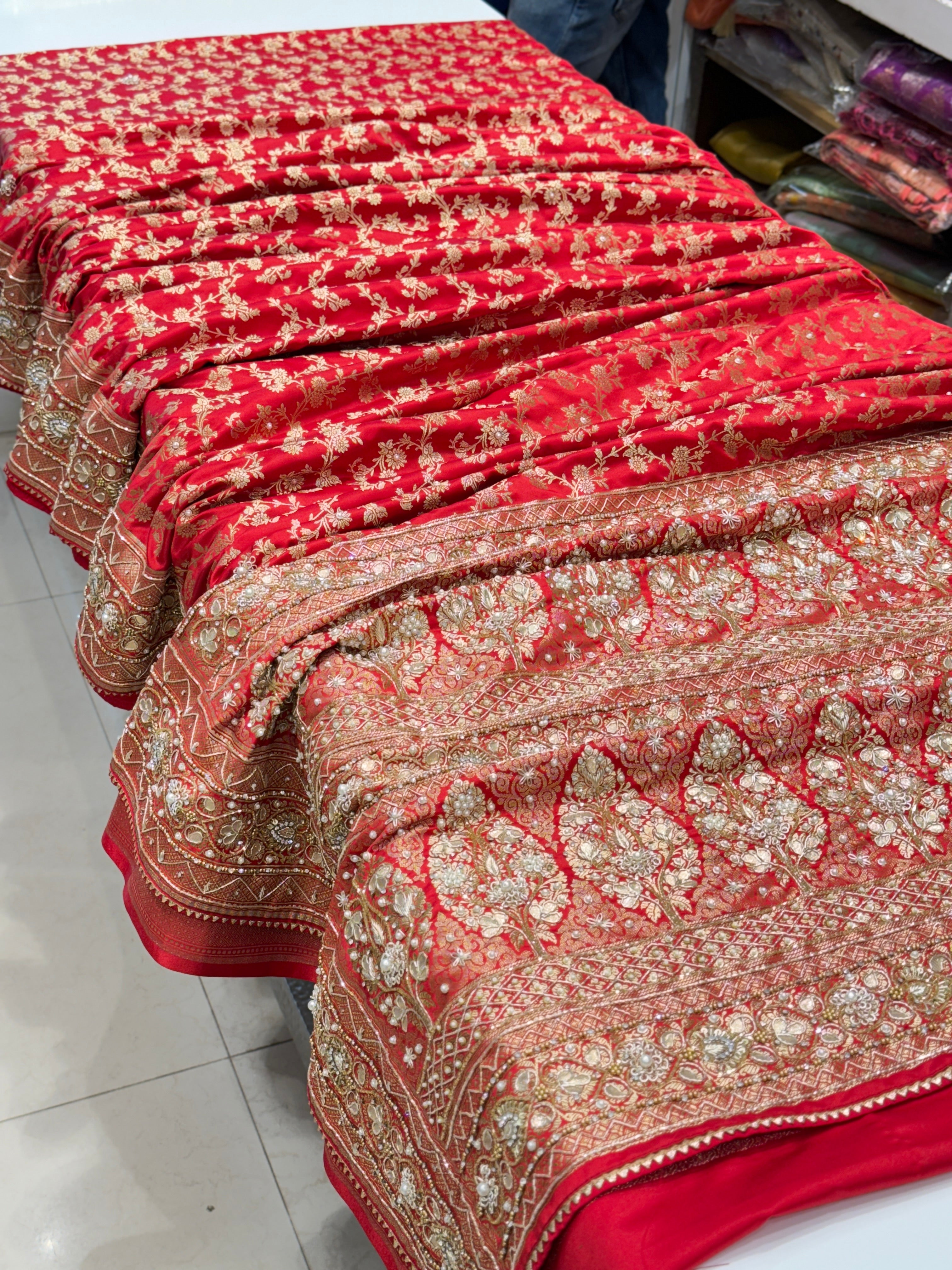 Red Banarasi Heart Border Hand Embroidery Saree
