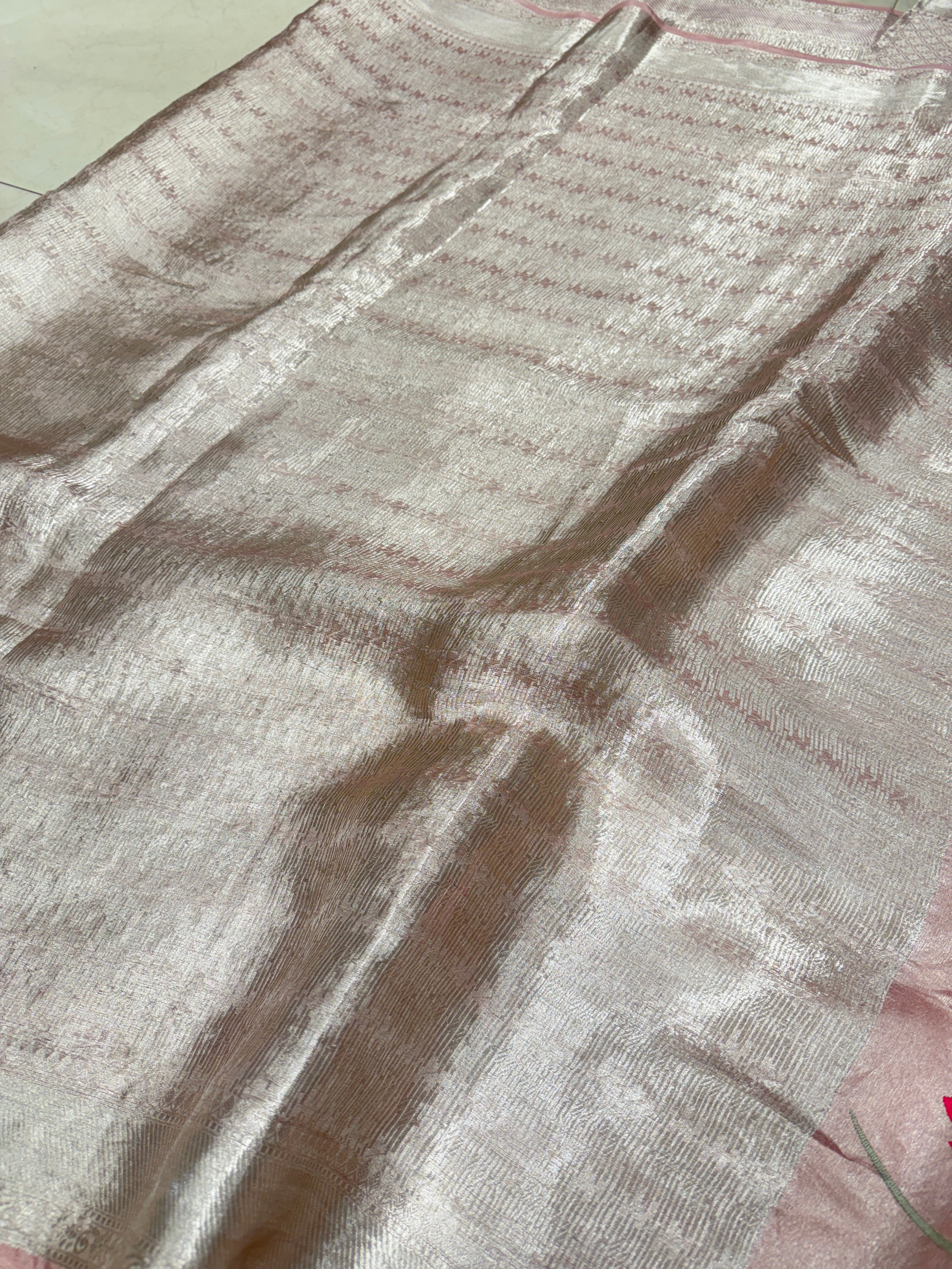 Nude Pink Silver Handloom Tissue Swans Contemporary Resham Embroidery Saree
