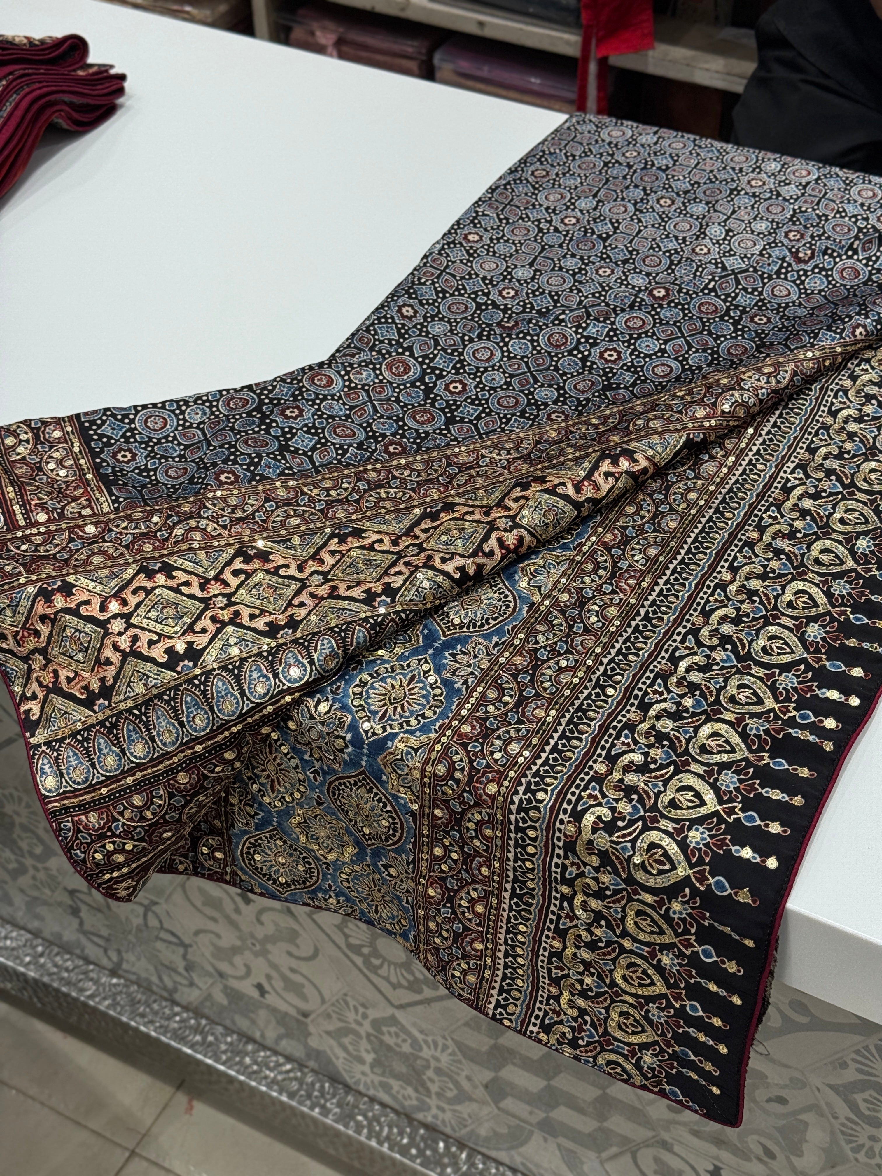 Blue Black Pita Zardosi Sequin Ajrakh Hand Embroidery Saree