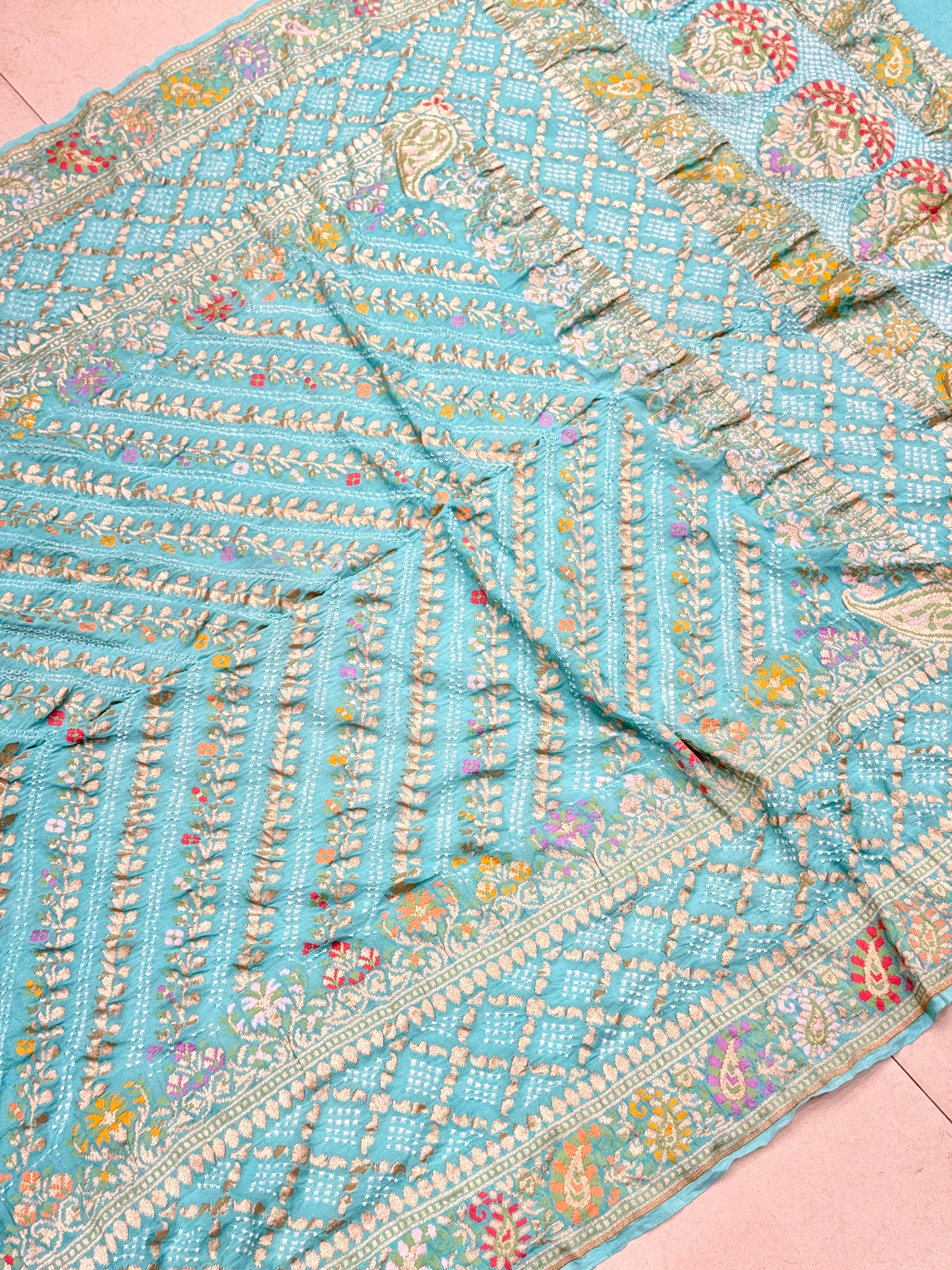 Light Blue Double Border Meenakari Rai Bandhej Georgette Bandhini Saree