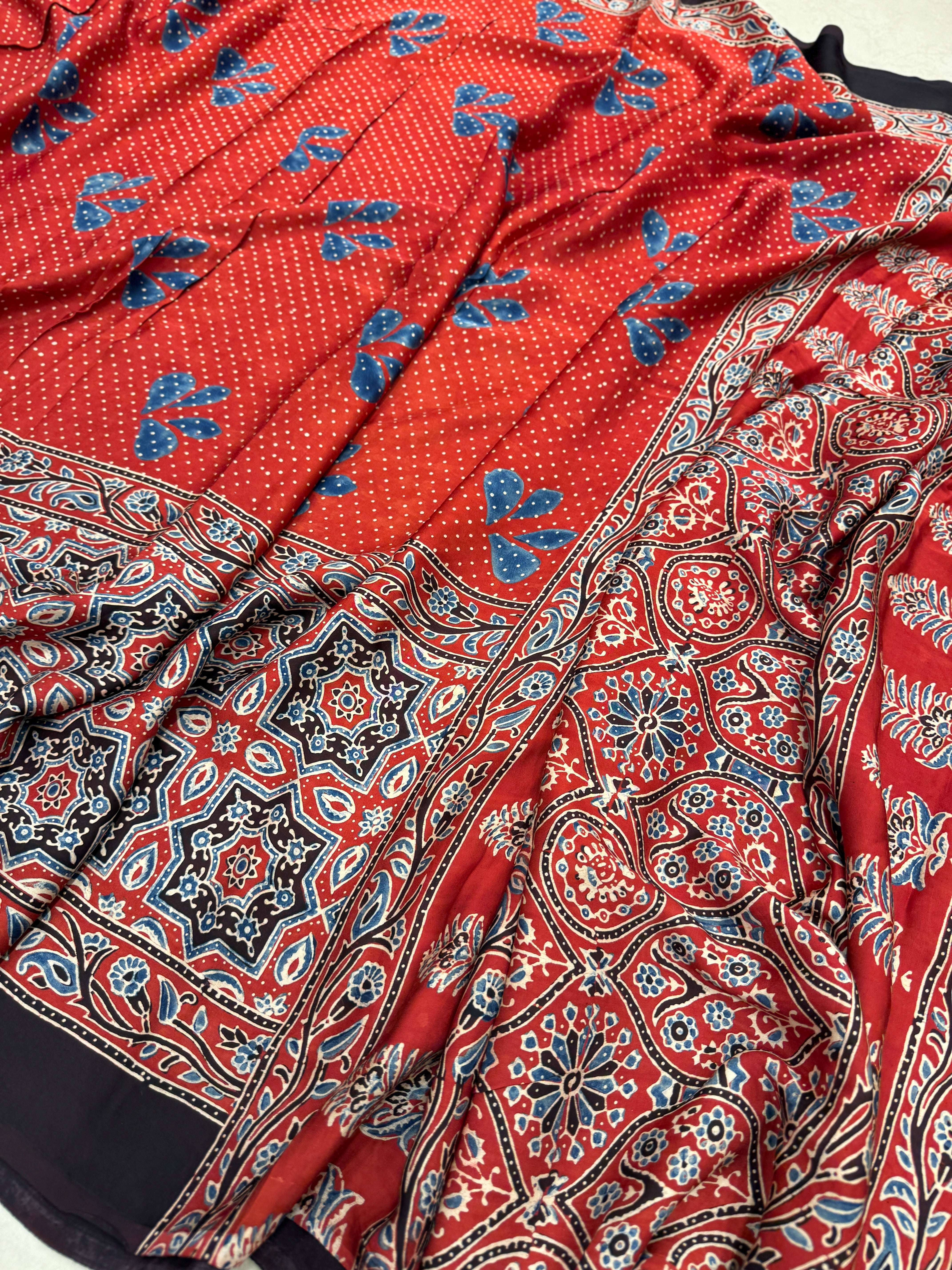 Red Makhi Butti Ajrakh Modal Gajji Silk Saree