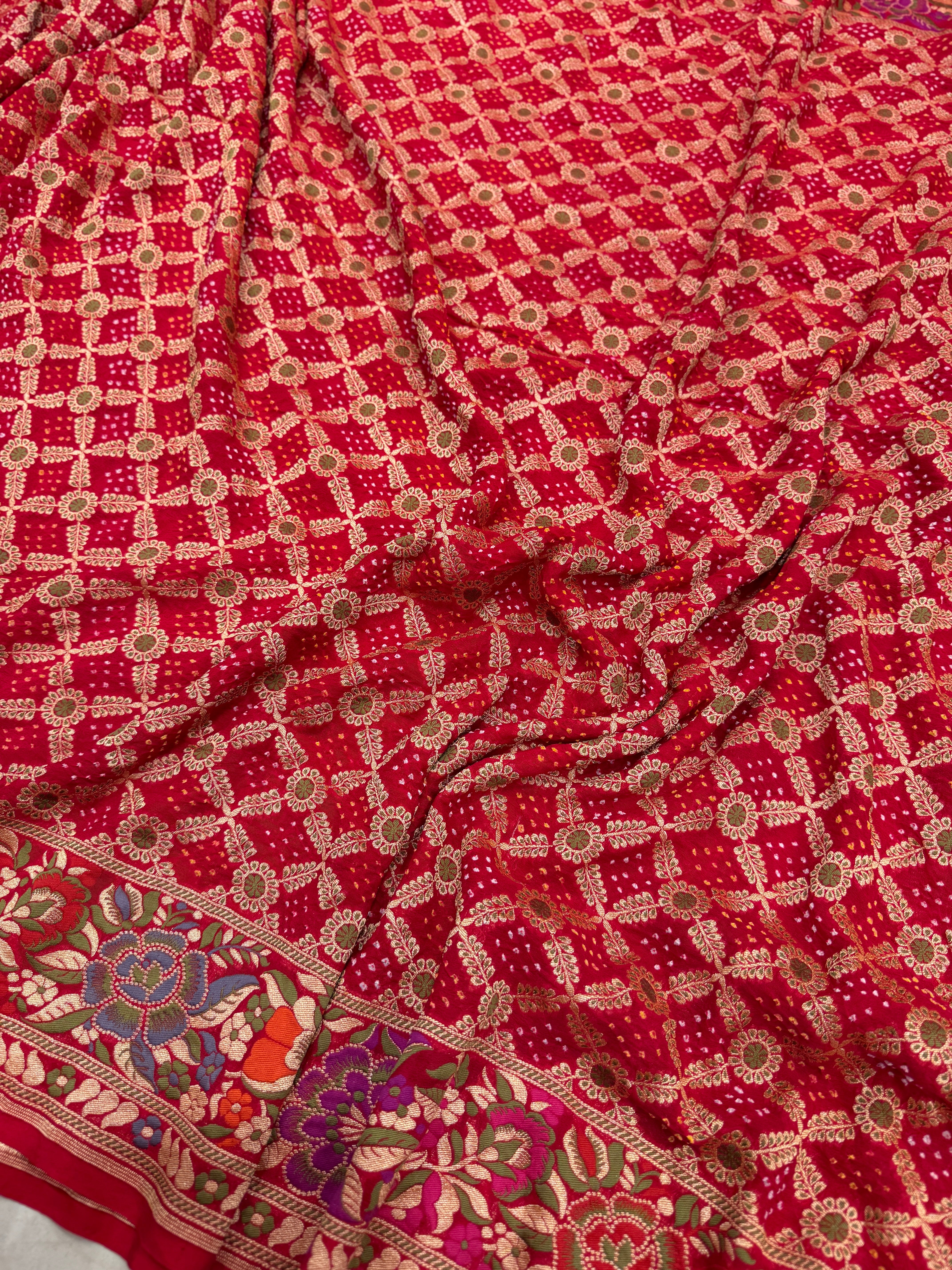 Red Meenakari Floral Rai Bandhej Georgette Bandhini Saree