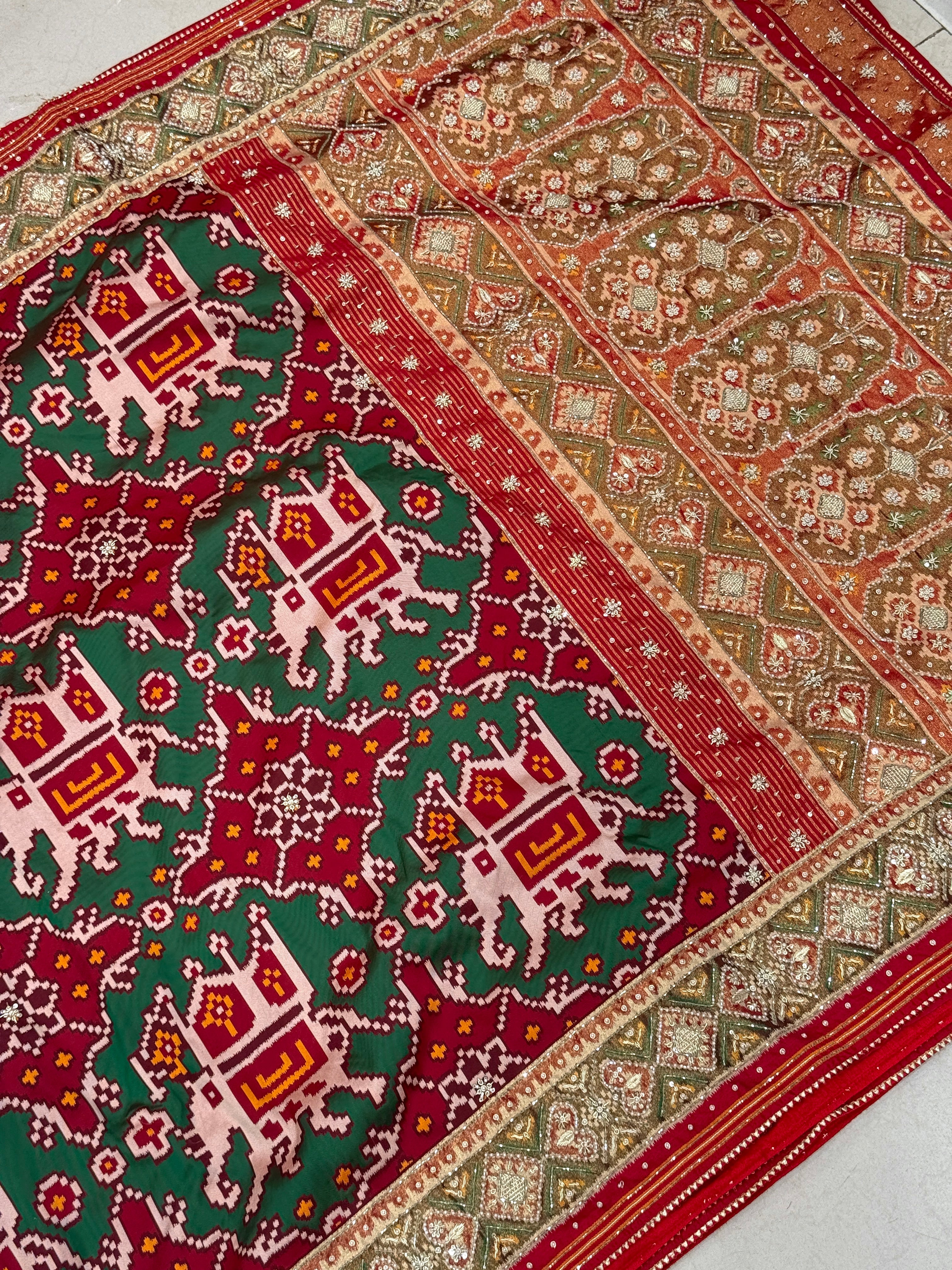 Maroon Green Big Elephant Patola Zardosi Embroidery Saree