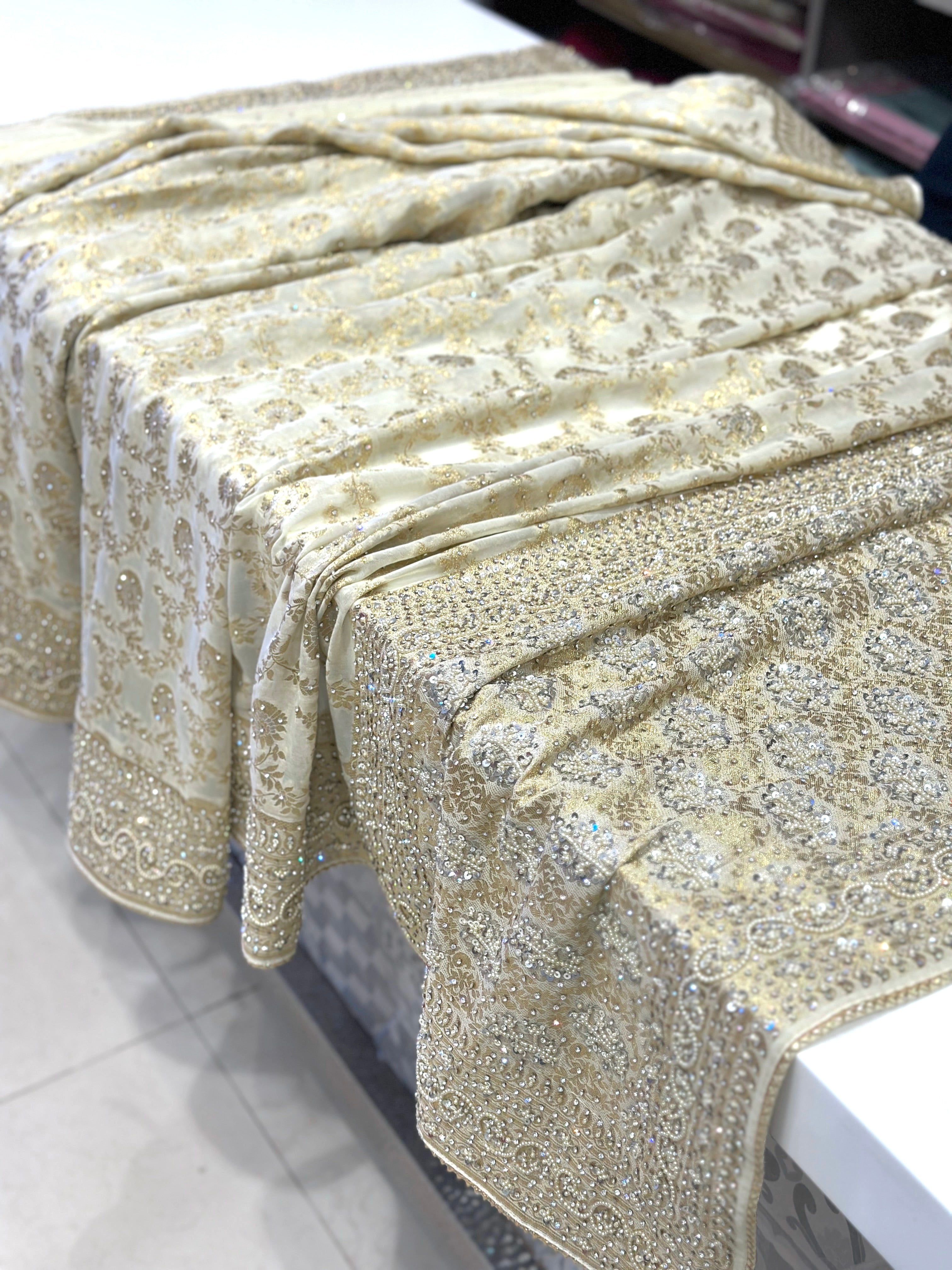 Beige Khaddi Georgette Jaal Hand Embroidery Saree