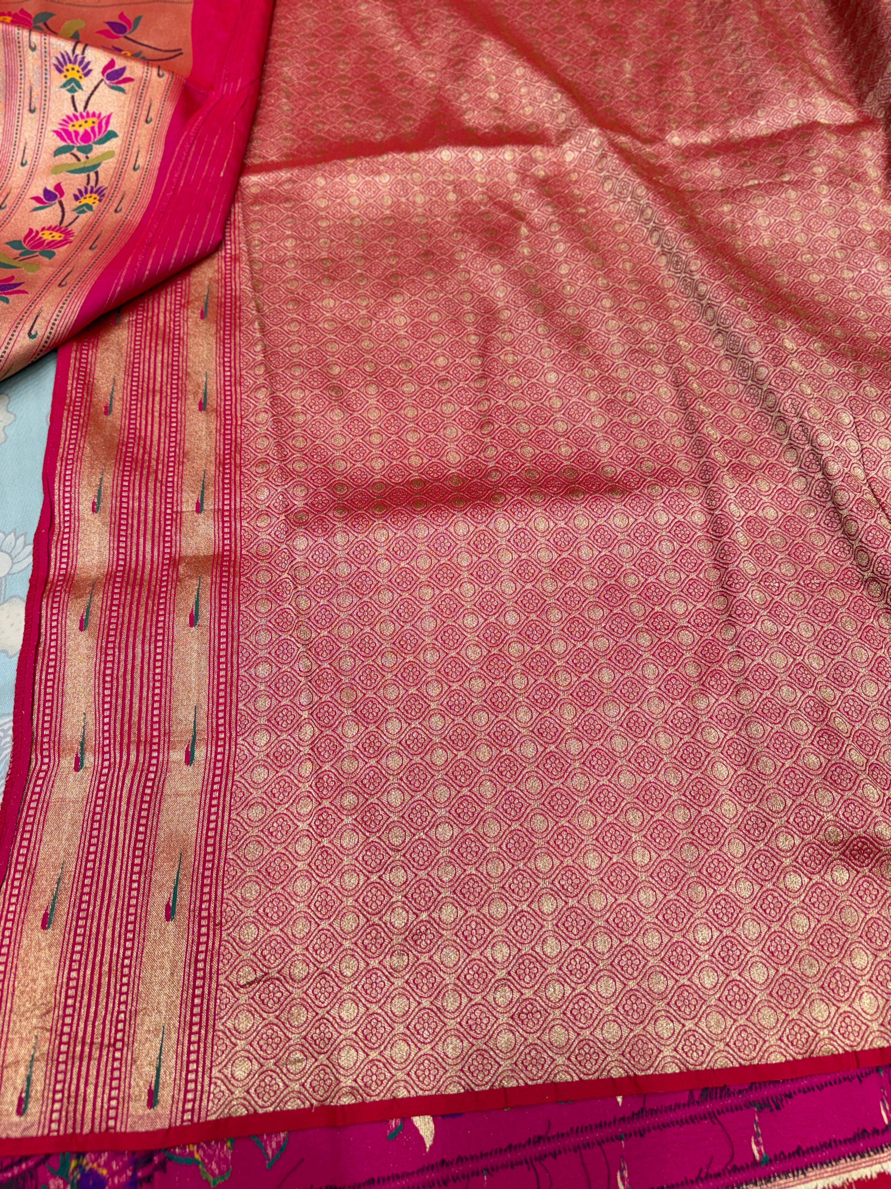 Blue Kalamkari Print Paithani Weaved Soft Silk Saree