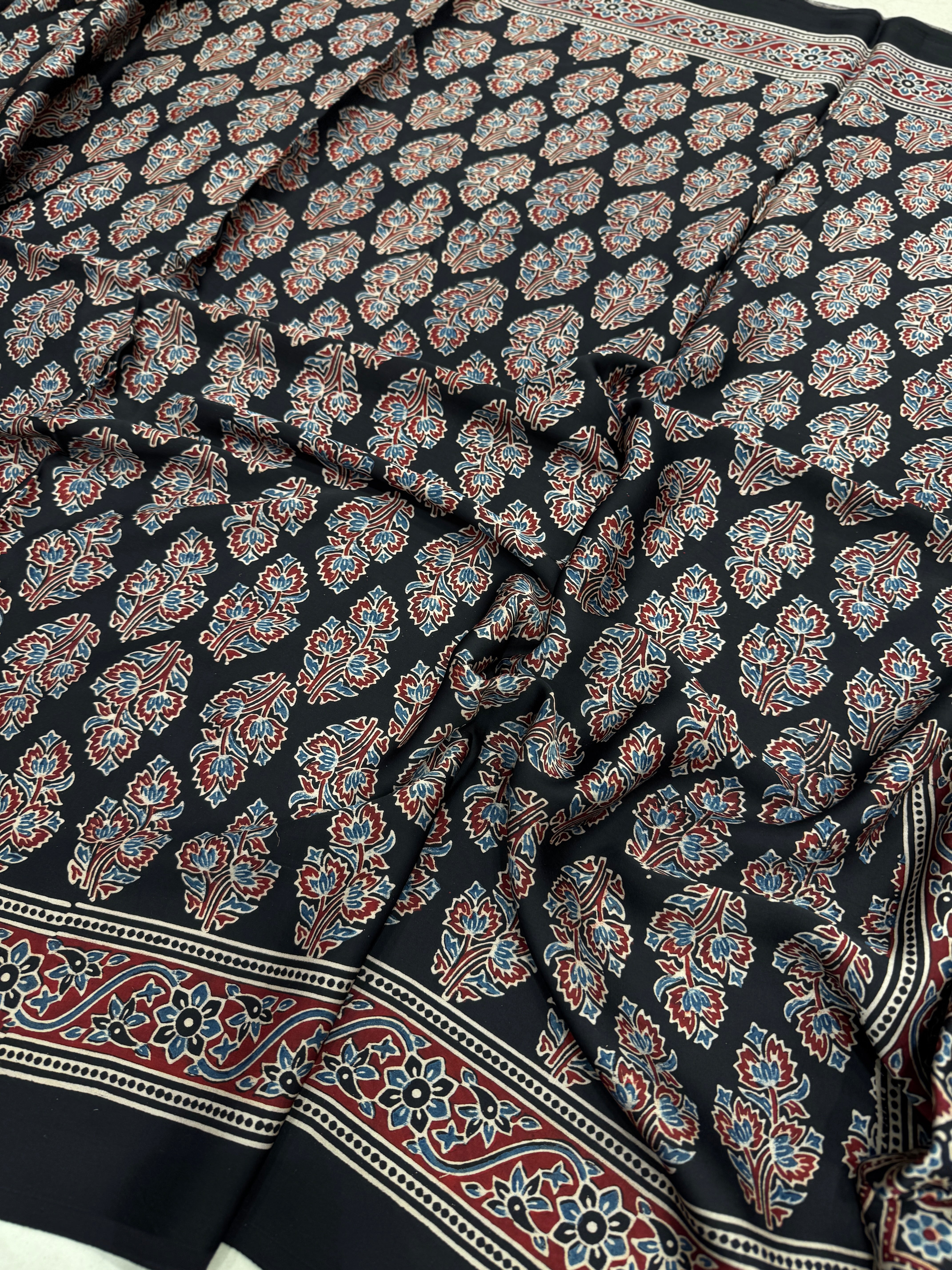 Black Tree Buttas Hand Block Print Ajrkah Pure Gajji Silk Saree