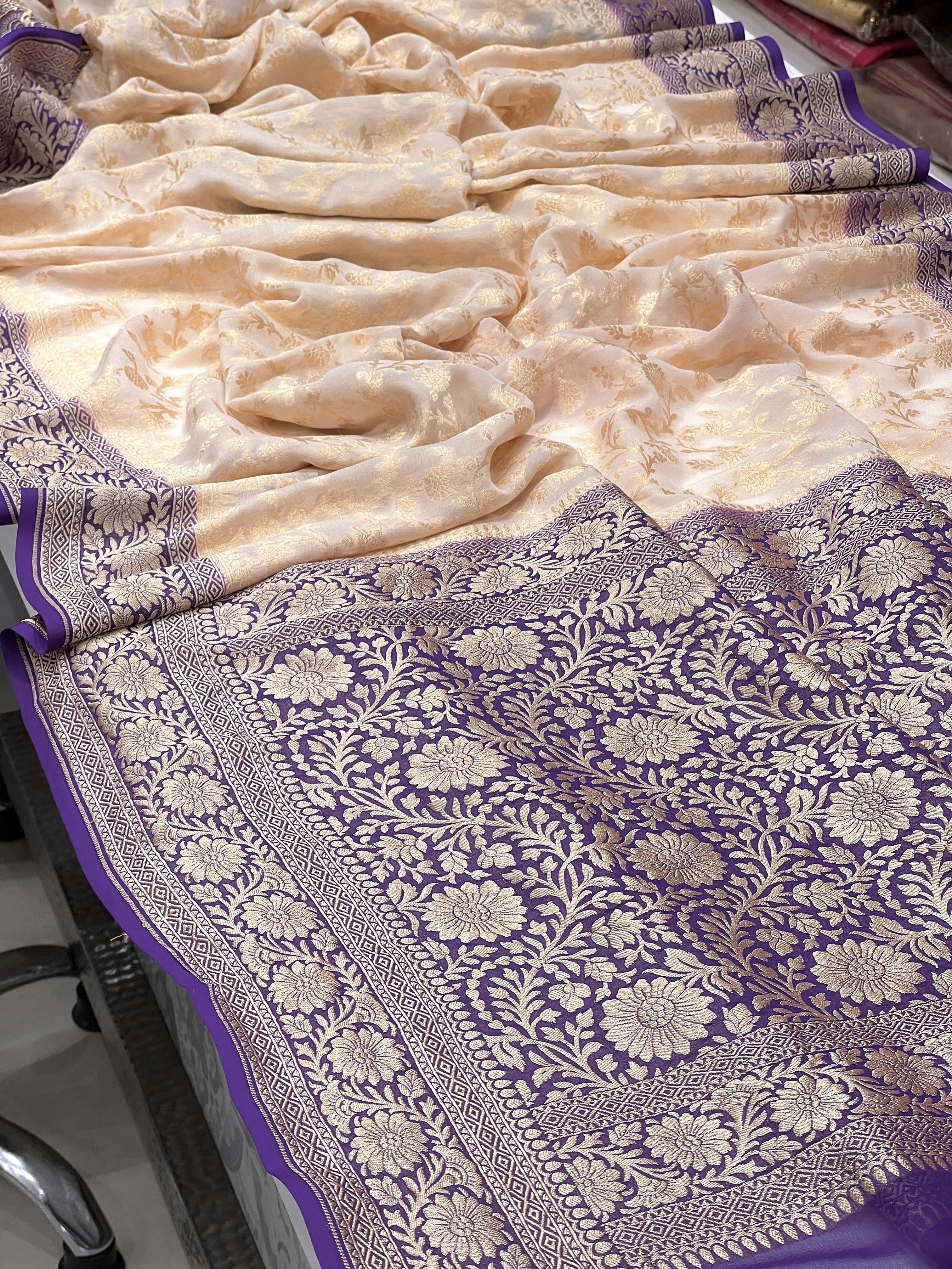 Beige Violet Handloom Georgette Jaal Saree