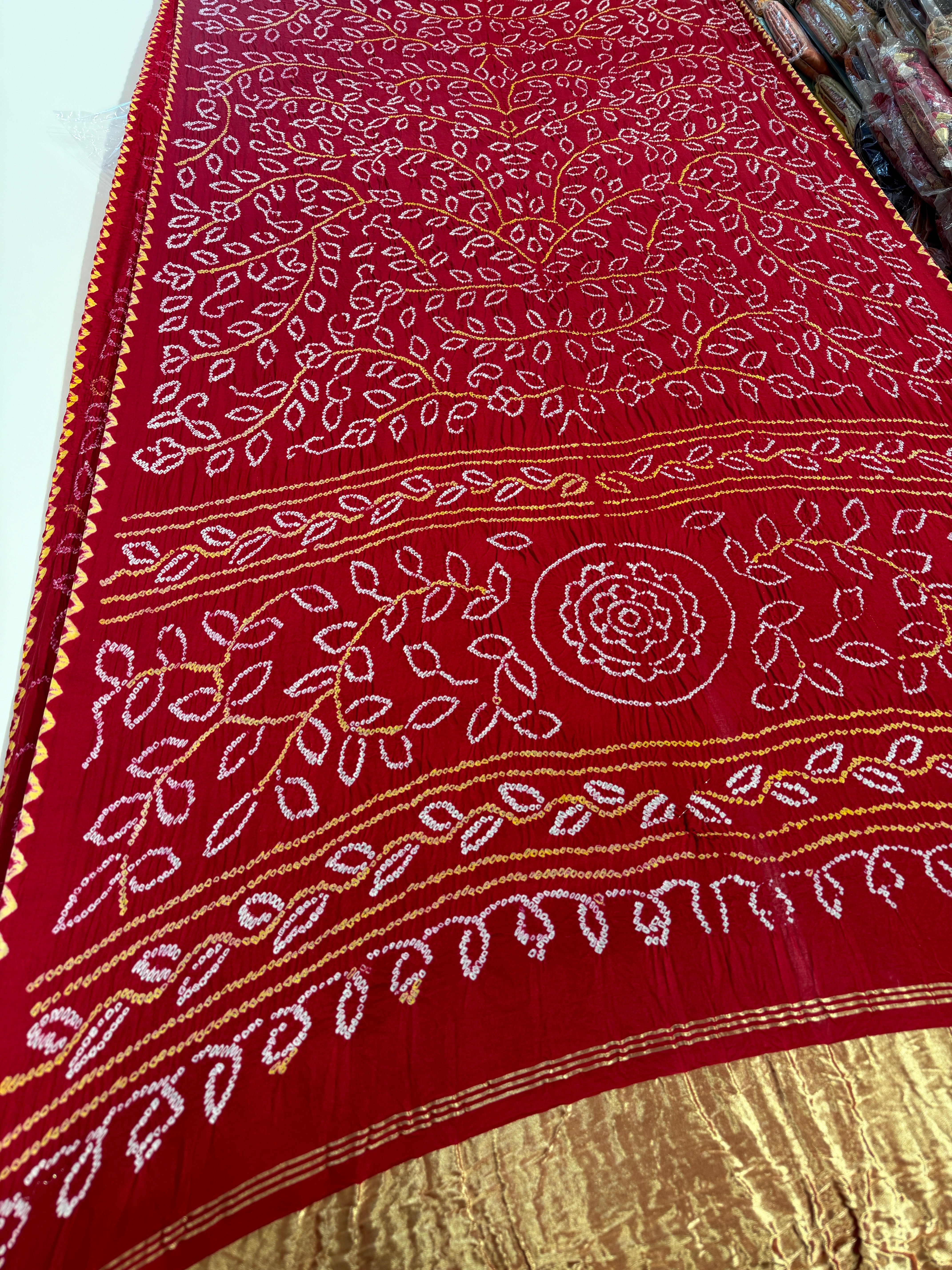 Red Pure Gajji Silk Rai Bandhej Ambadal Hand Done Saree