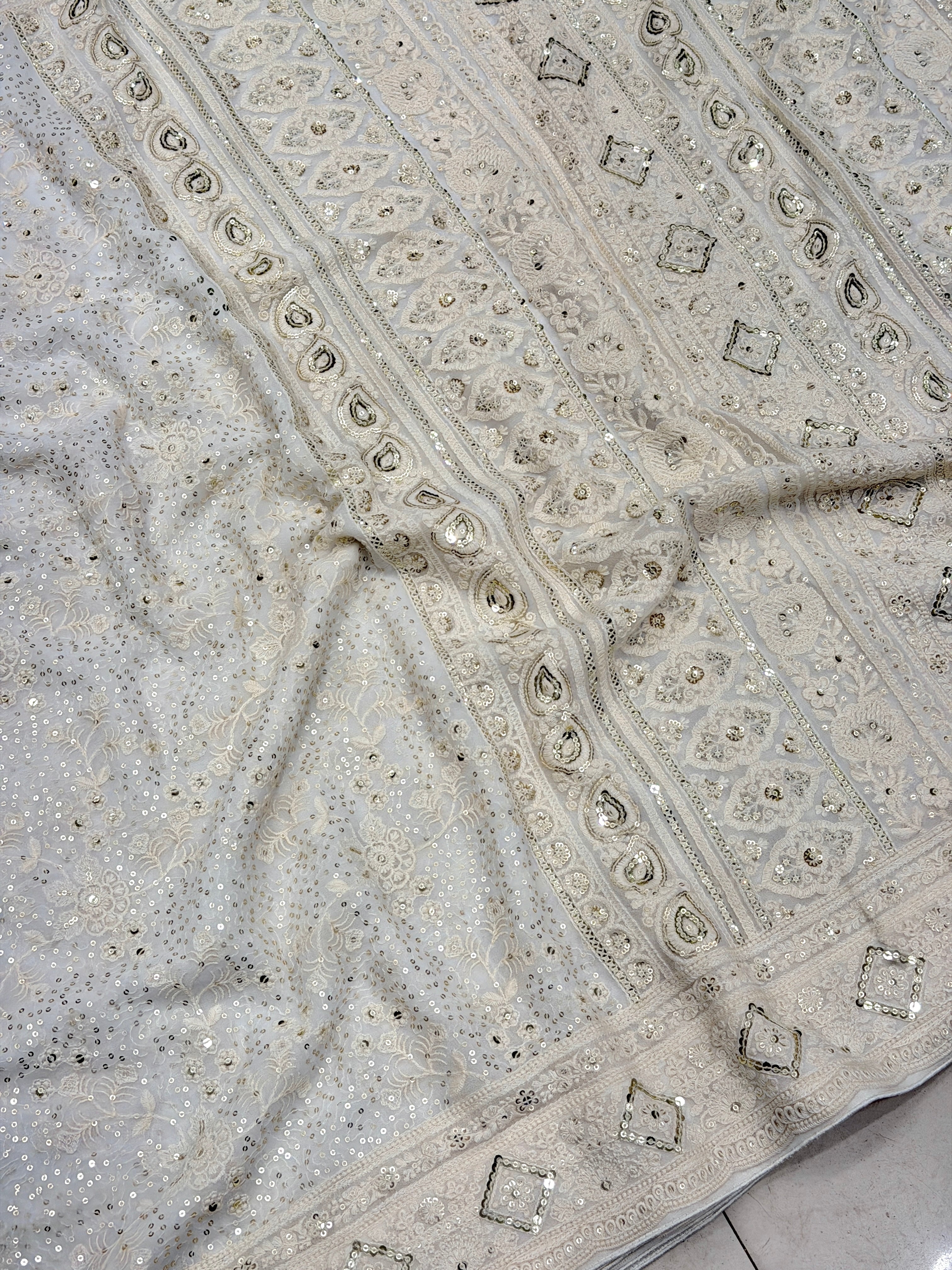 Moti White Sequin Embroidery Georgette Chikankari Resham Saree