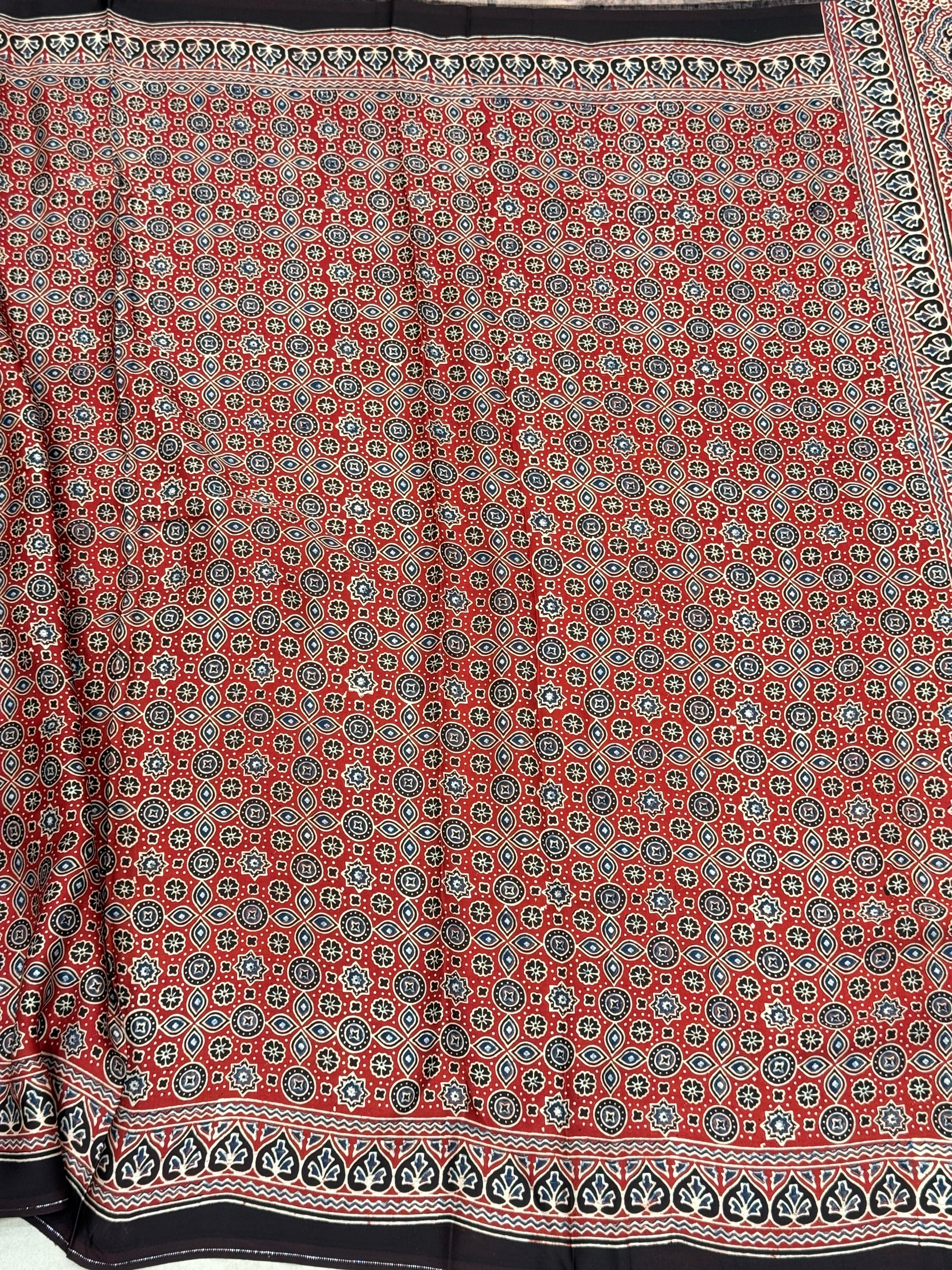 Red Crown Buttis Jaal Ajrakh Modal Gajji Silk Saree