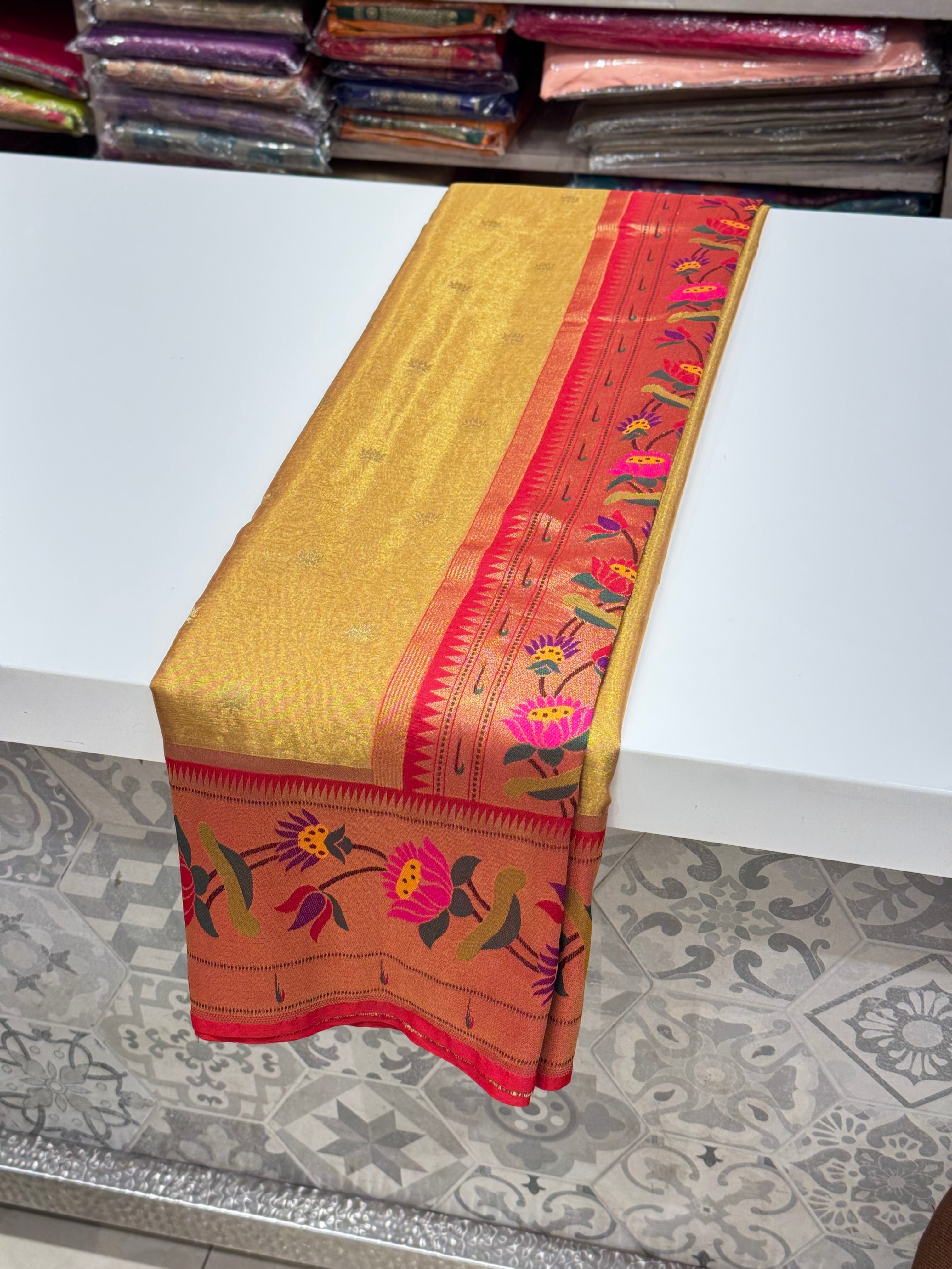 Gold Tissue Paithani Lotus Floral Border Saree