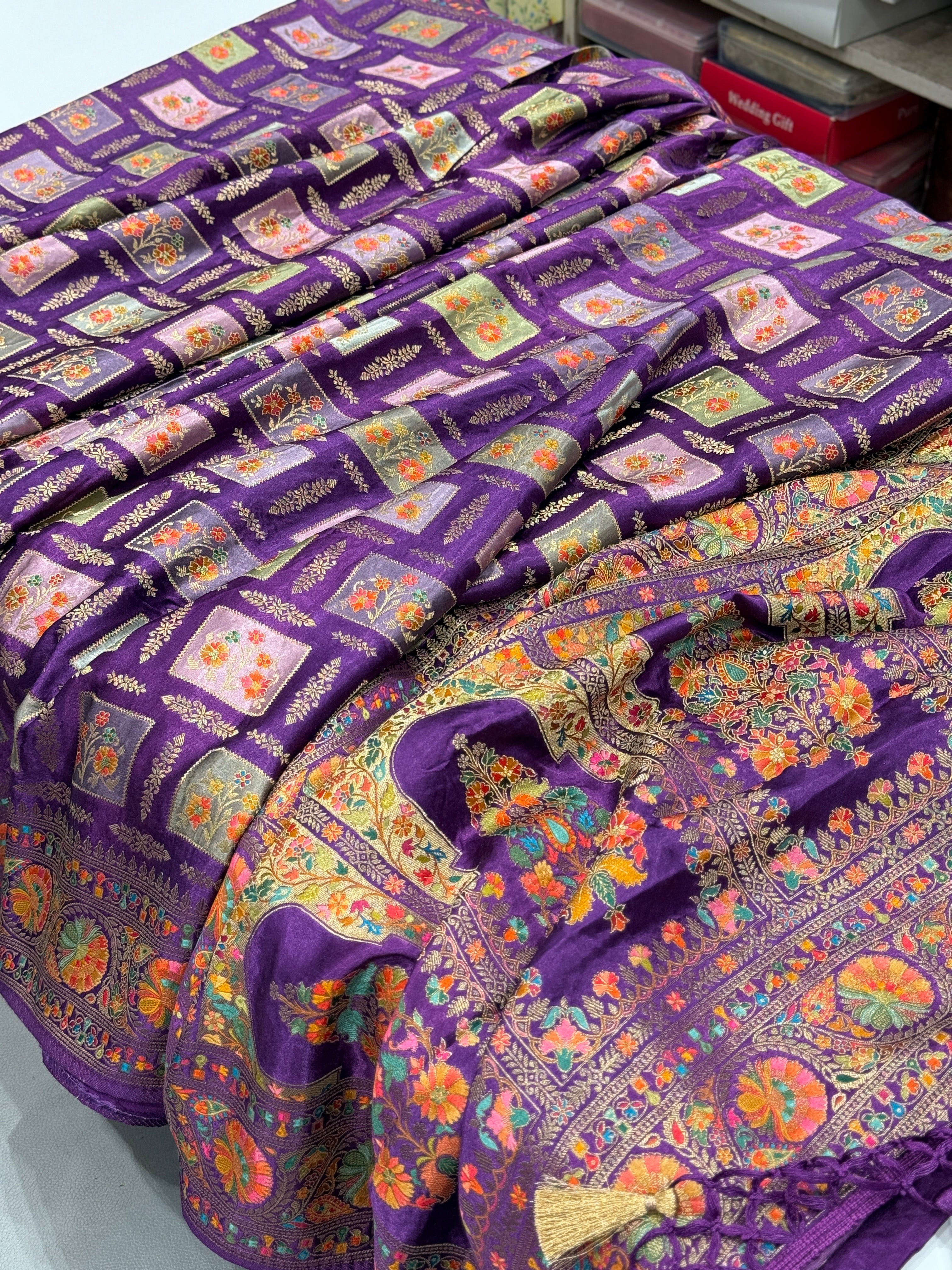 Violet Box Check Banarasi Modal Satin Rangkat Saree