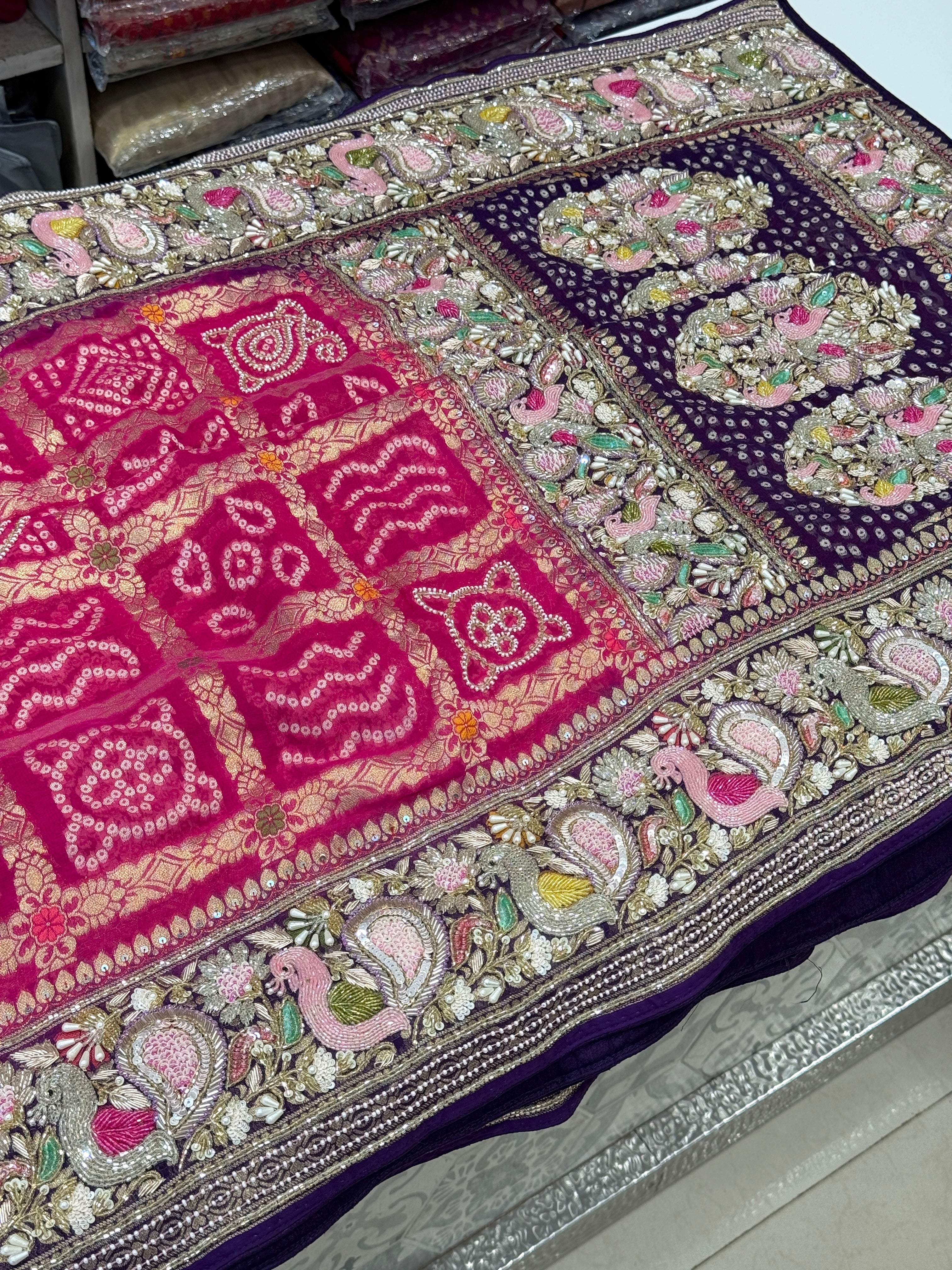 Rani Purple Gharchola Moti Sequin Zardosi Hand Embroidery Georgette Saree