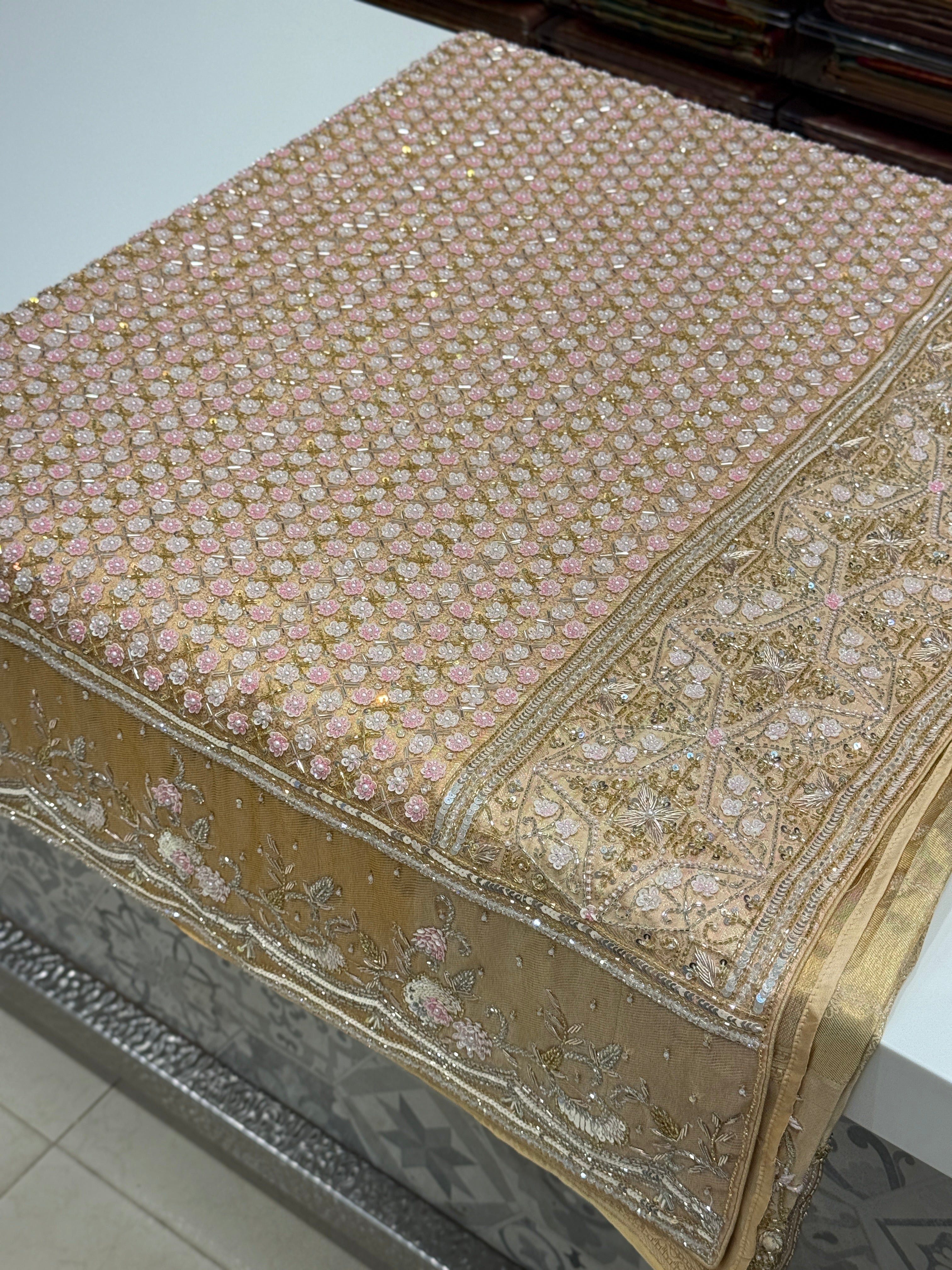 Light Gold Tissue Check Kanjivaram Hand Embroidery Saree