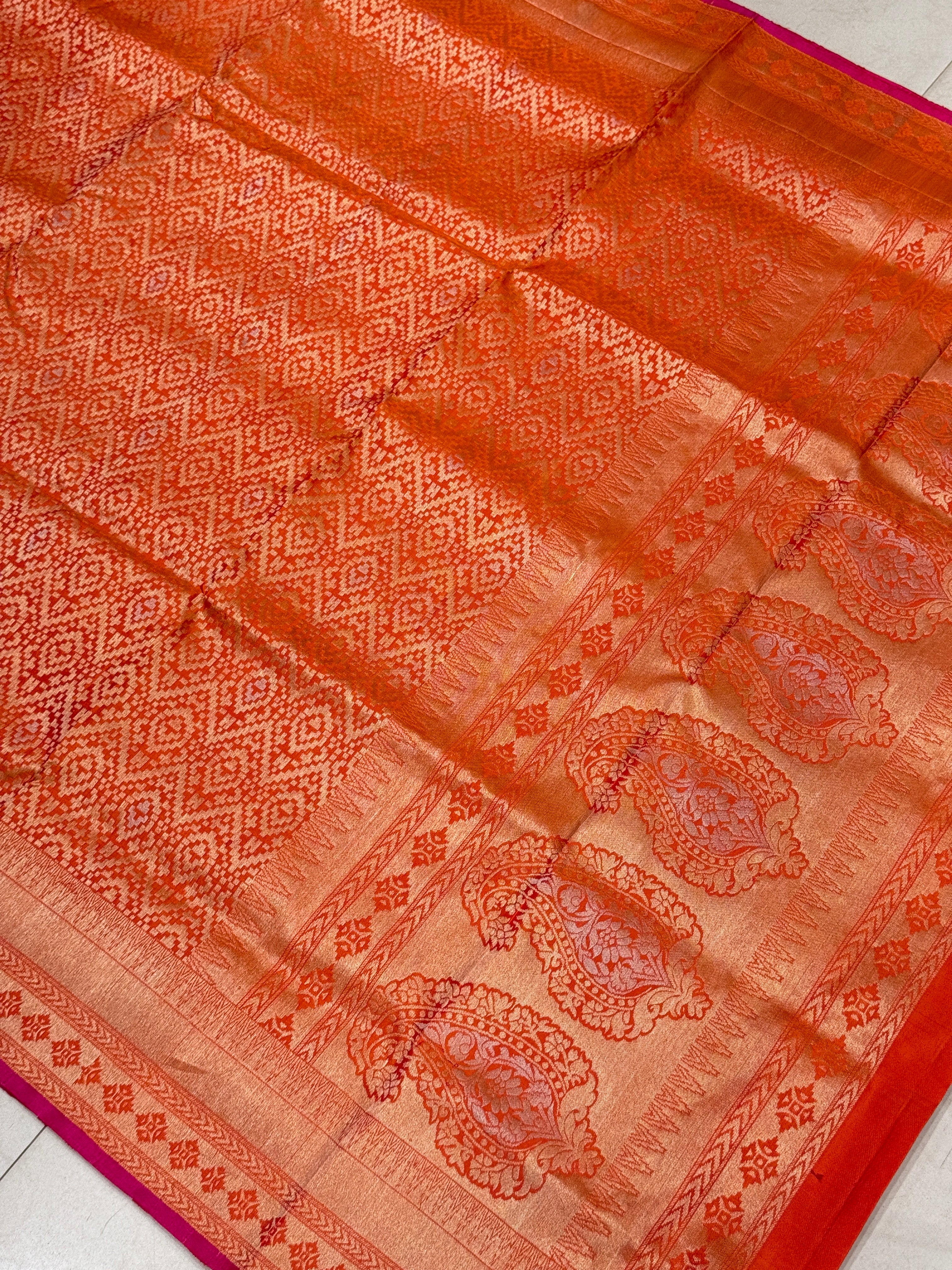 Rust Orange Patola Design Brocade Handloom Kanchipuram Pure Silk Saree