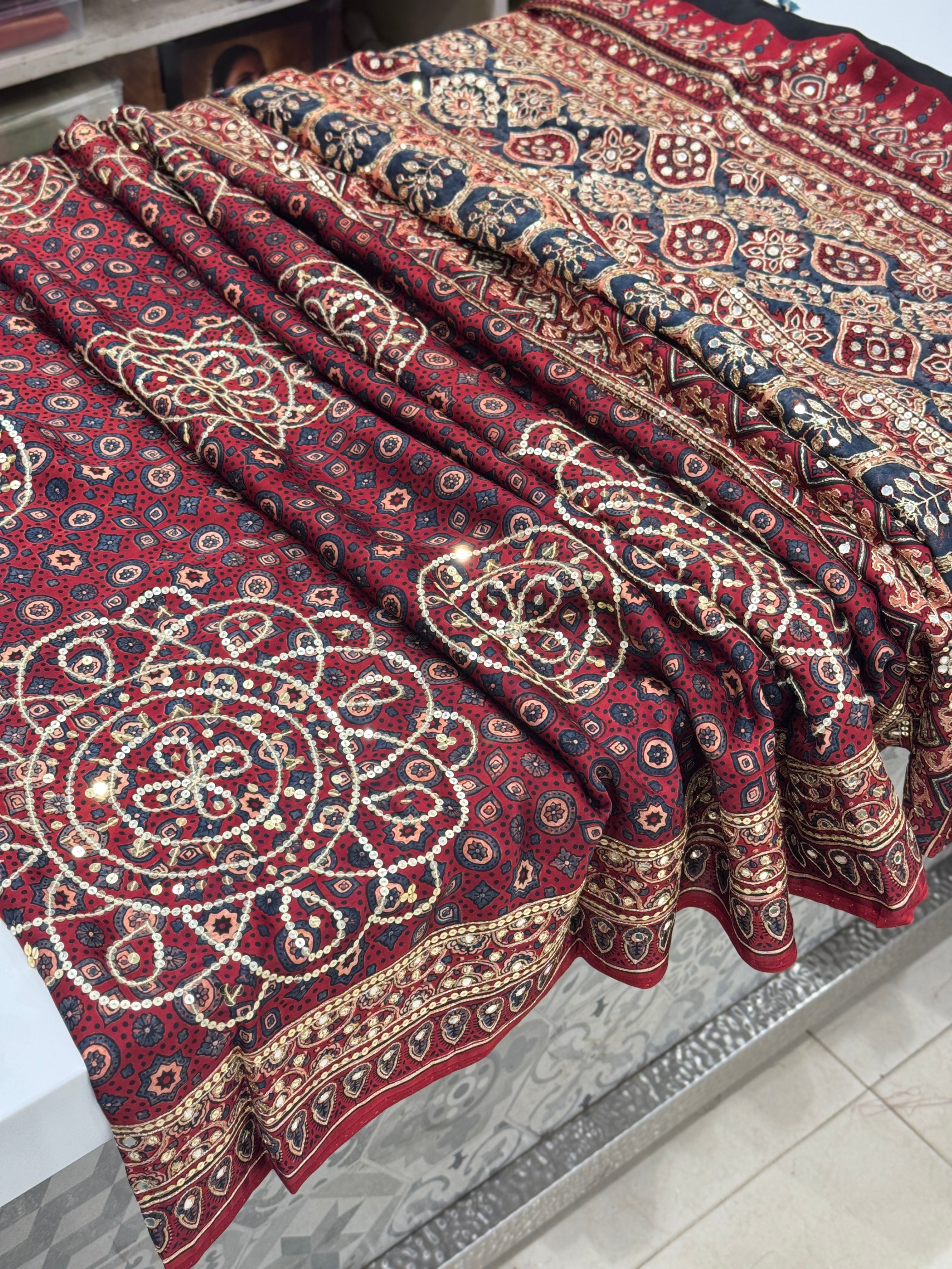 Red Alia Bhatt Inspired Hand Embroidery Ajrakh Saree