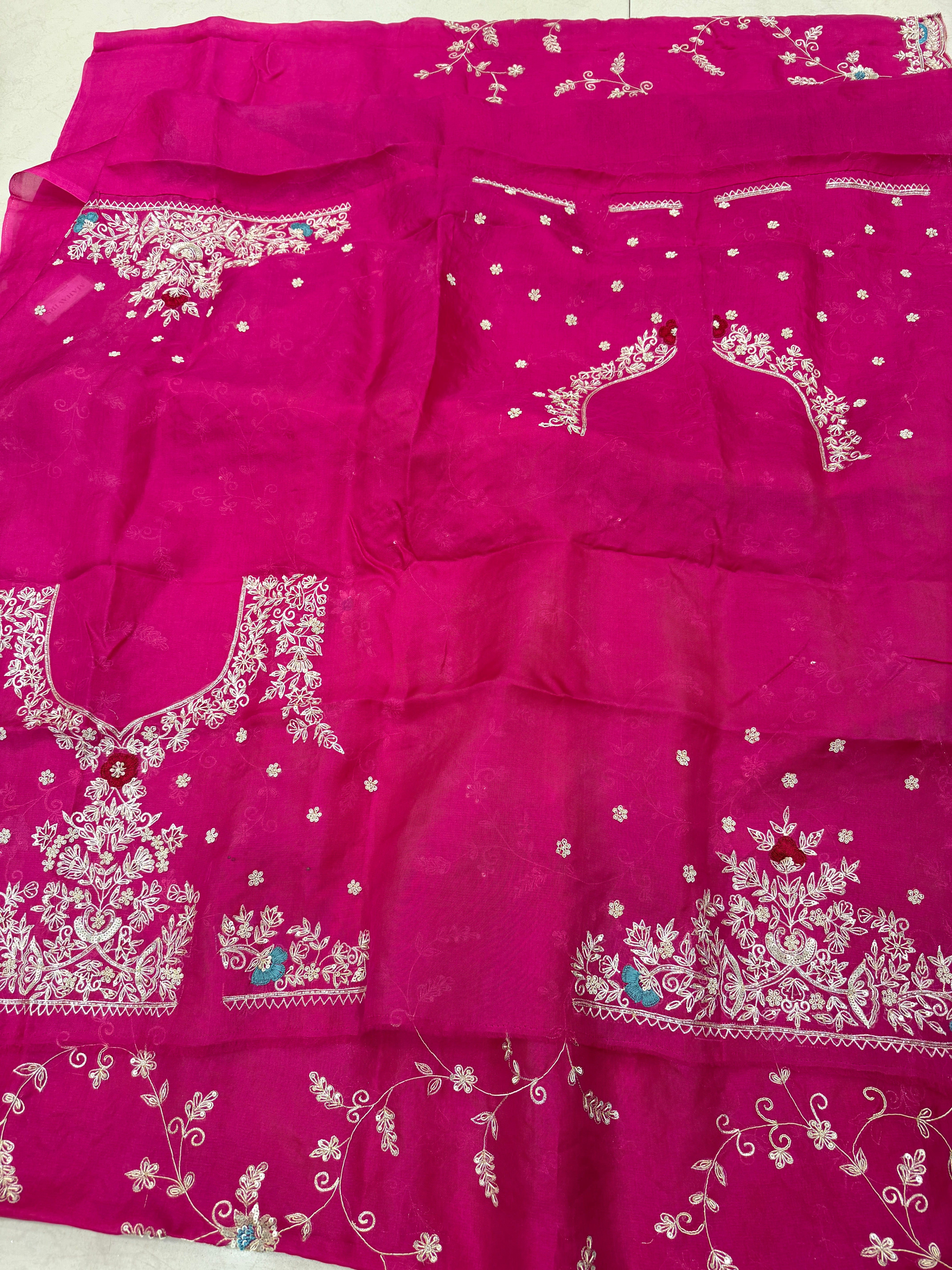 Rani Pink Organza Zardosi Resham Jaal Hand Embroidery Saree