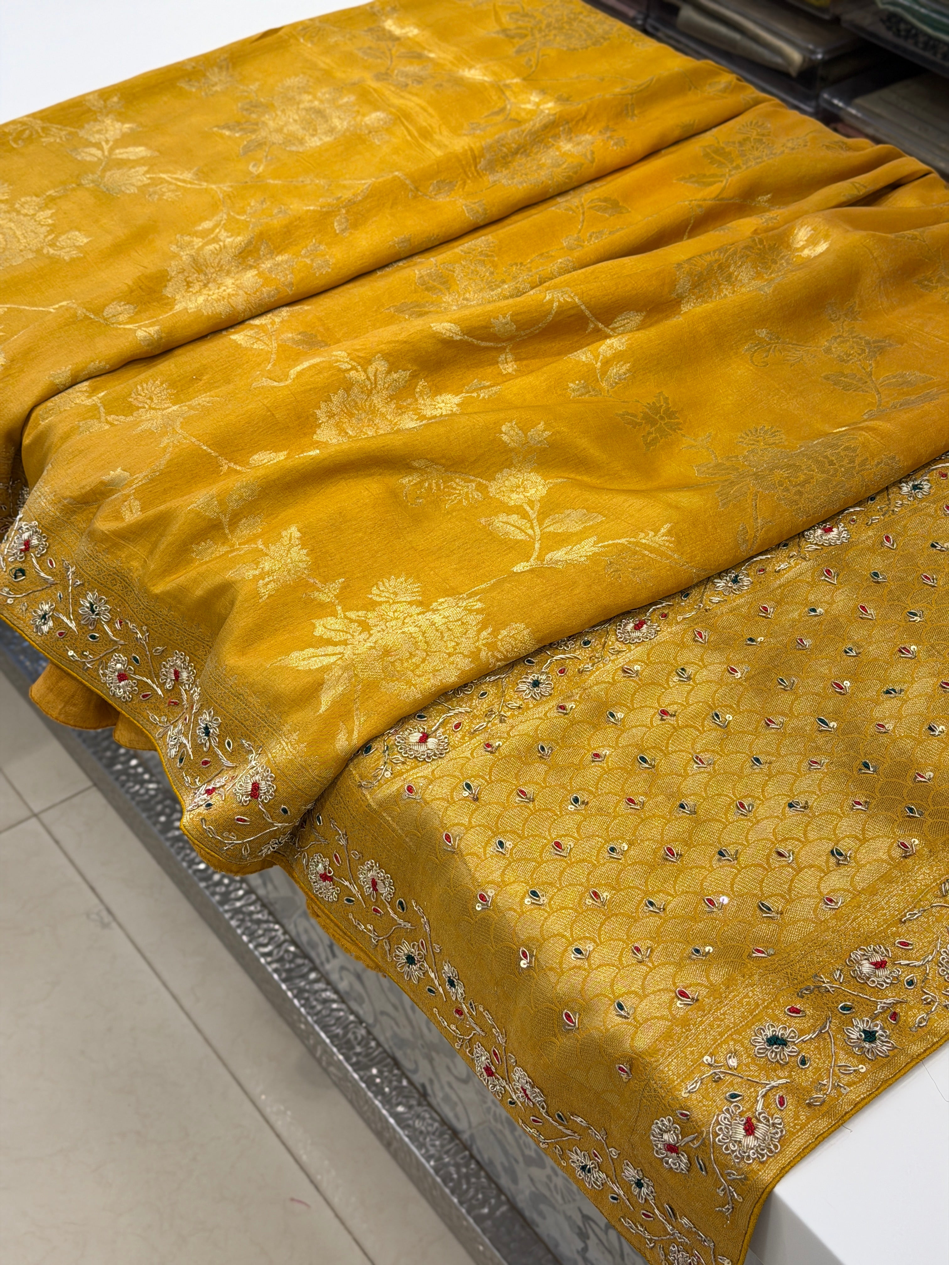 Mustard Yellow Banarasi Munga Zardosi Resham Hand Embroidery Saree