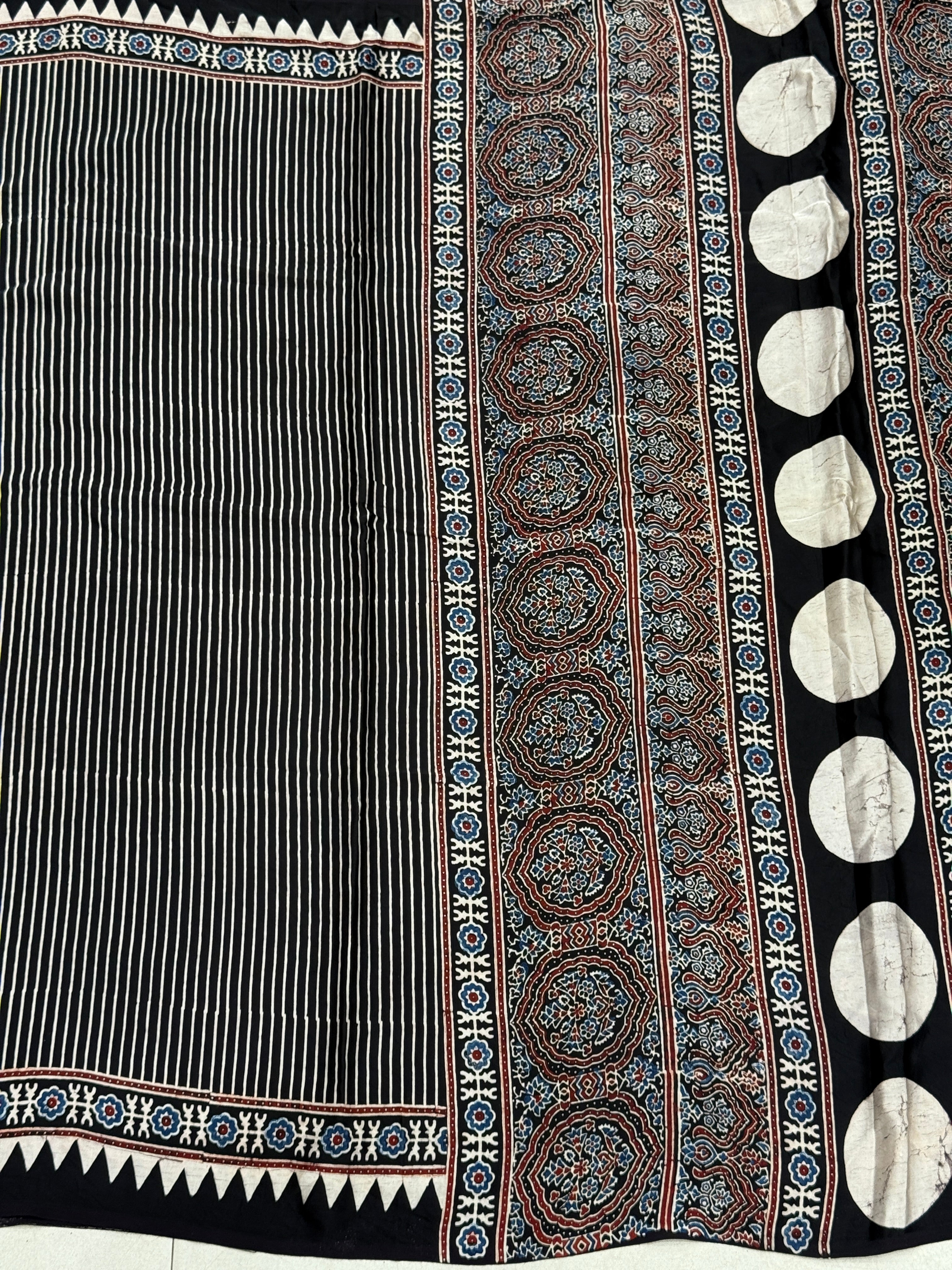 Black Contemporary Box Pallu Ajrakh Block Print Hand Pure Gajji Silk Saree