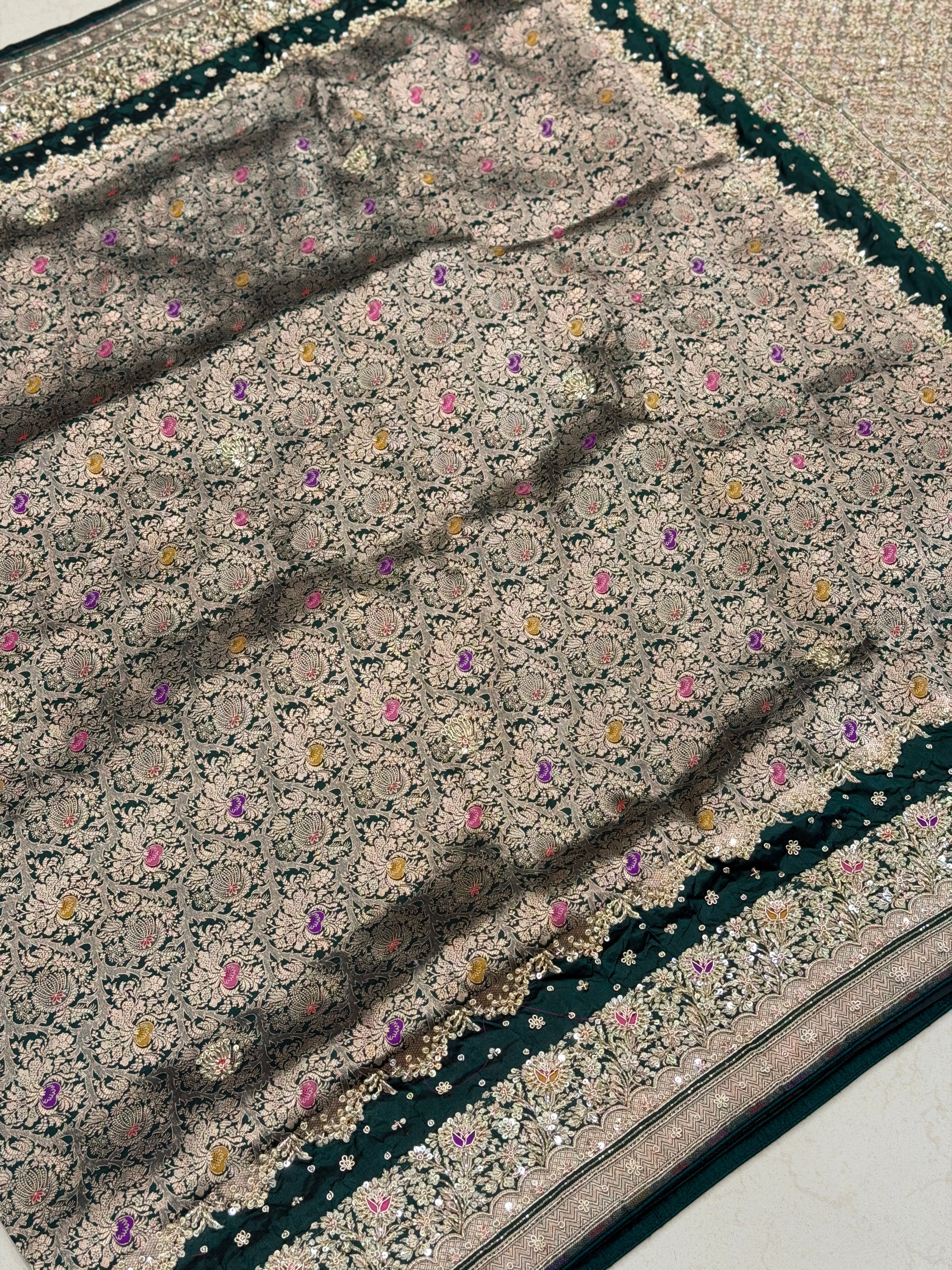 Bottle Green Meenakari Double Border Handloom Banarasi Pure Katan Zardosi Embroidery Saree