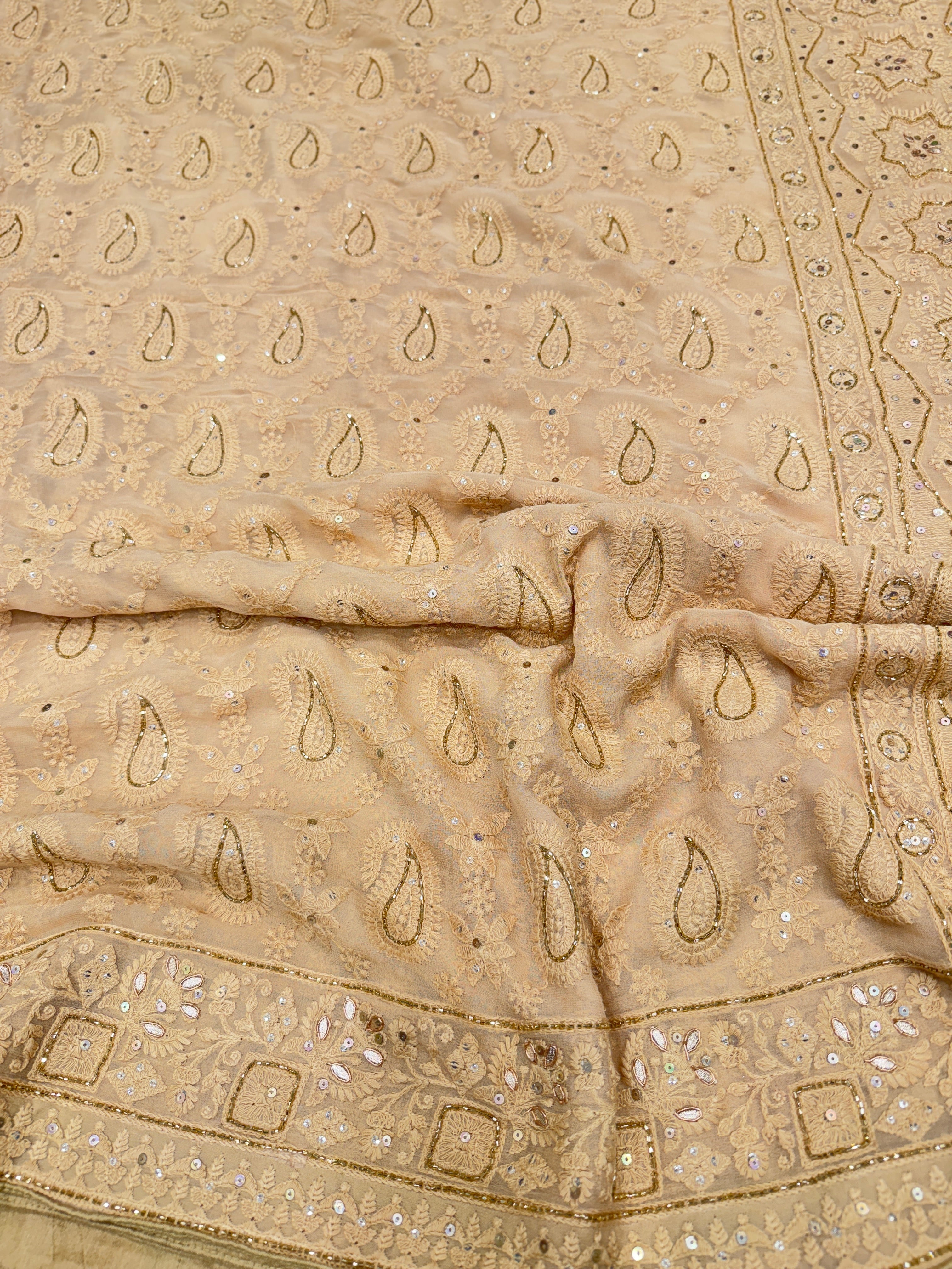 Golden Chikankari on Georgette with Cutdana Hand Embroidery