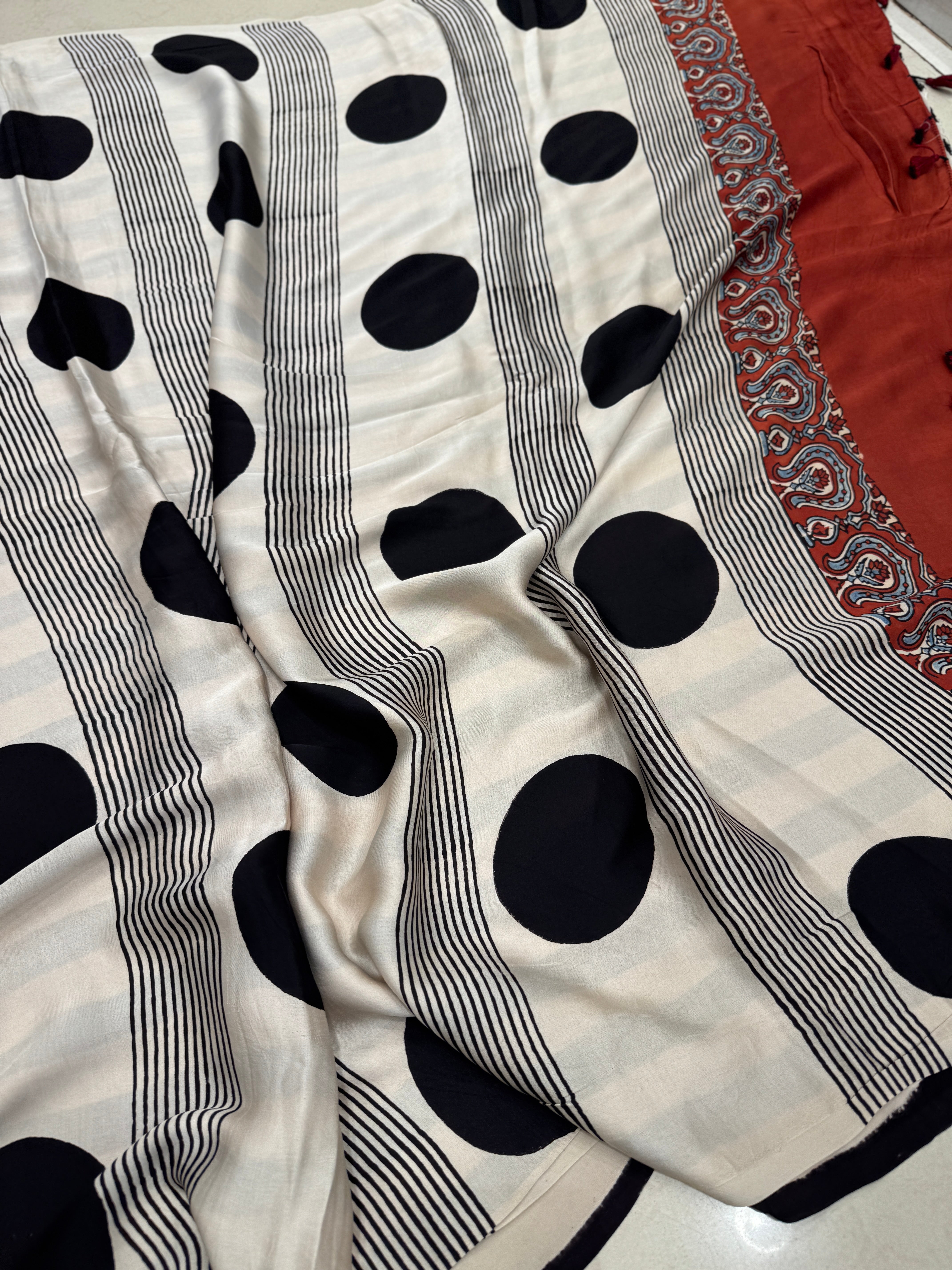 Black and White Contemporary Ajrakh Hand Block Print Pure Gajji Silk Saree