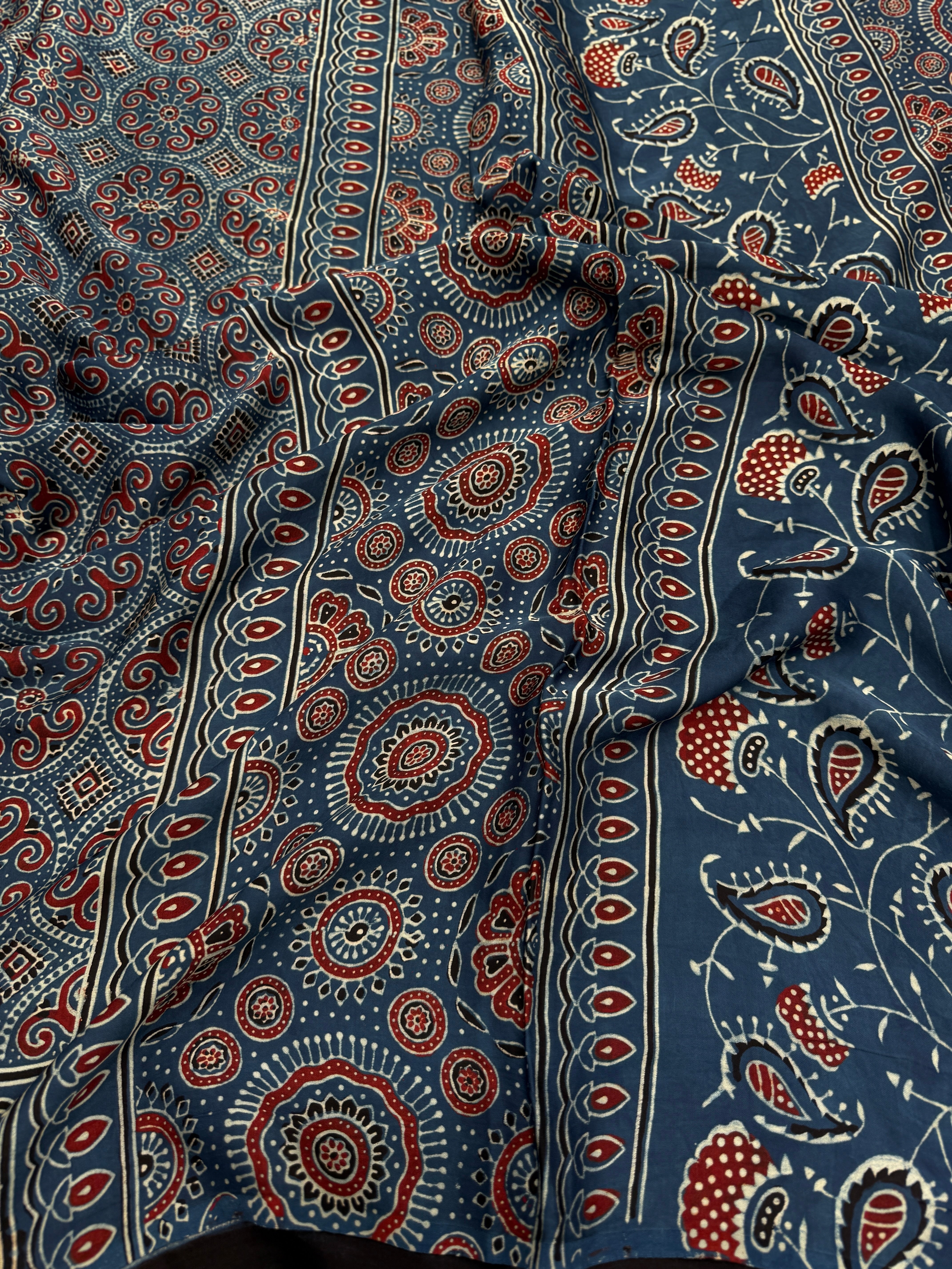 Blue Circle Badam Jaal Ajrakh Block Print Hand Pure Gajji Silk Saree