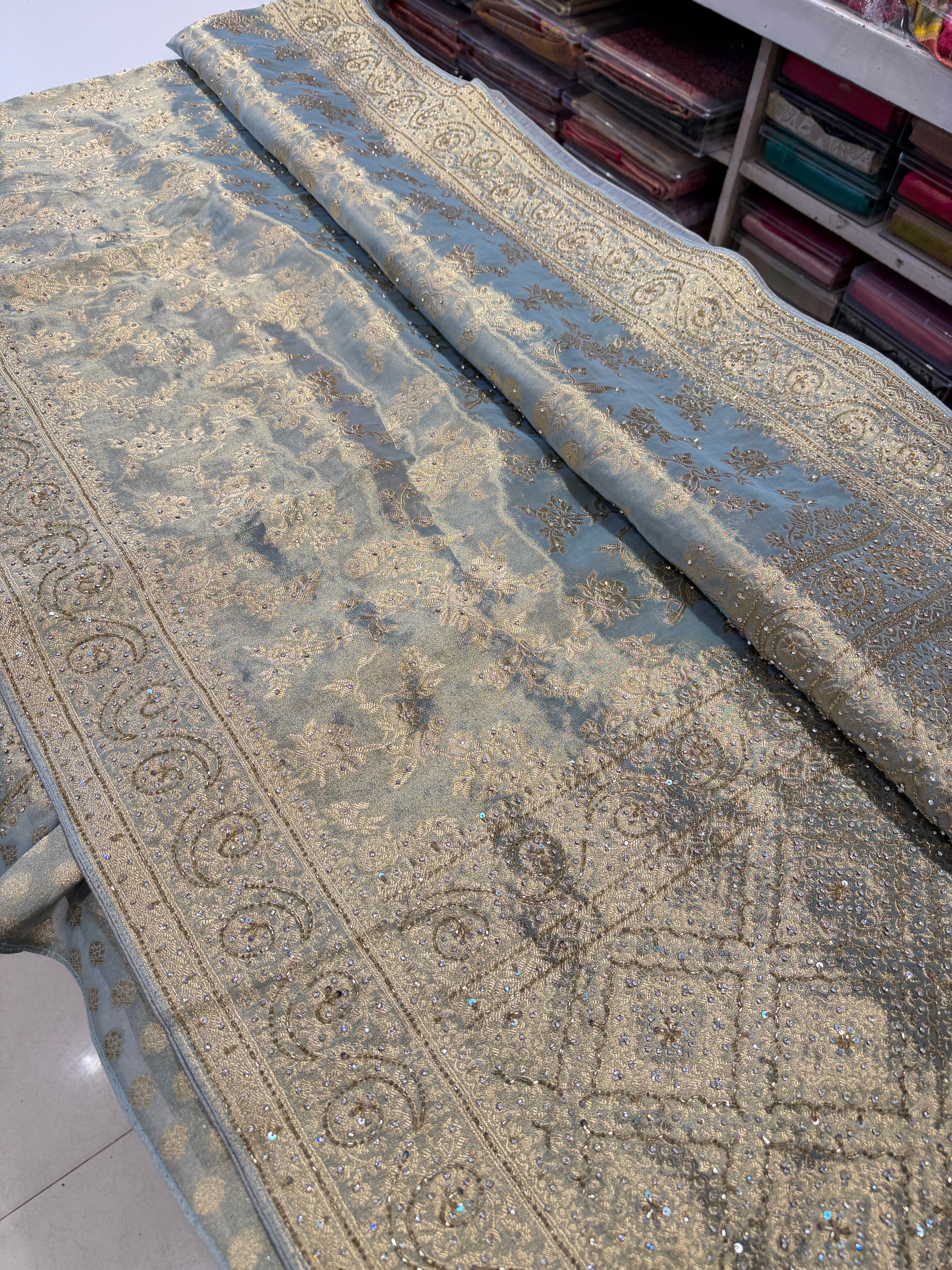 Space Blue Tissue Jaal Stone Hand Embroidery Saree